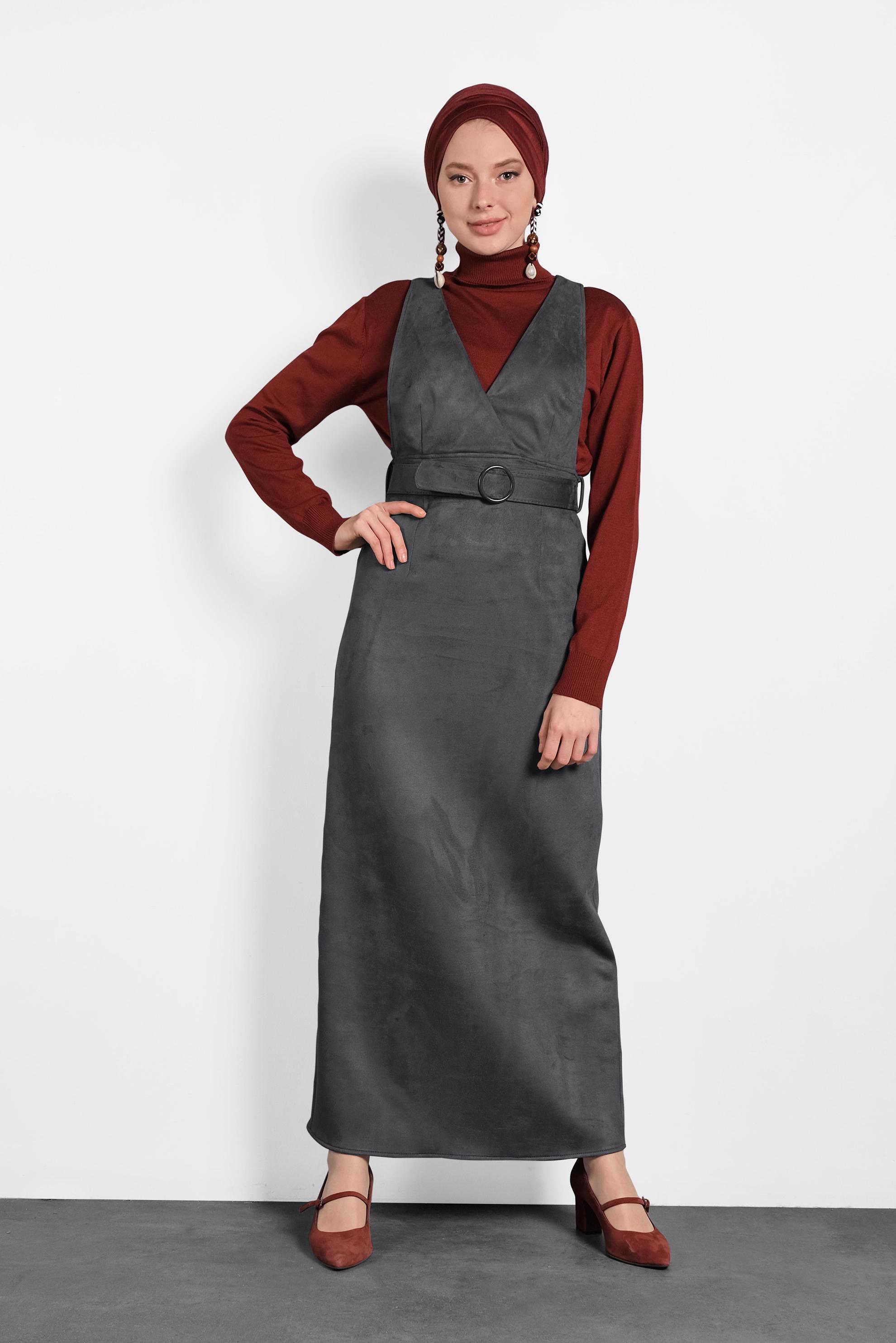 Tesettür giyim GRİ KEMERLİ SÜET JİLE ELBİSE 40292