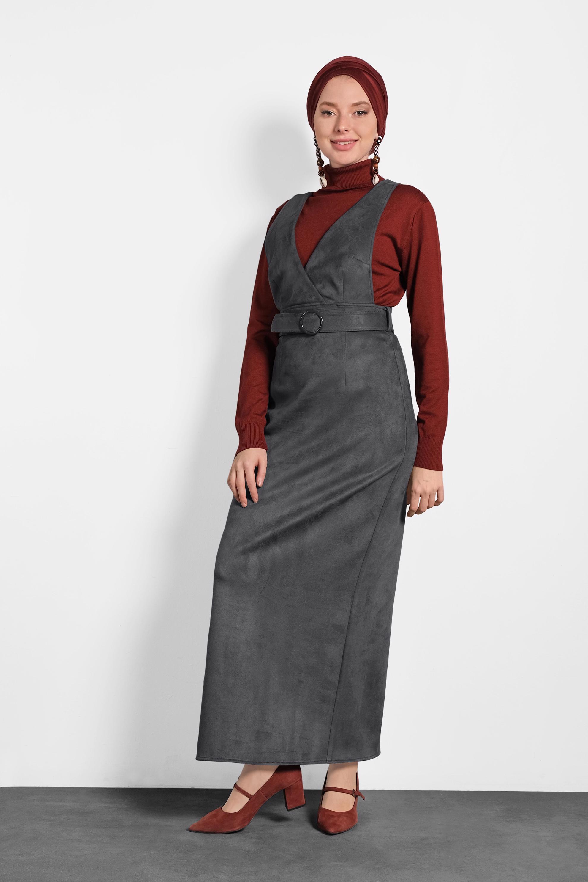 Tesettür giyim GRİ KEMERLİ SÜET JİLE ELBİSE 40292