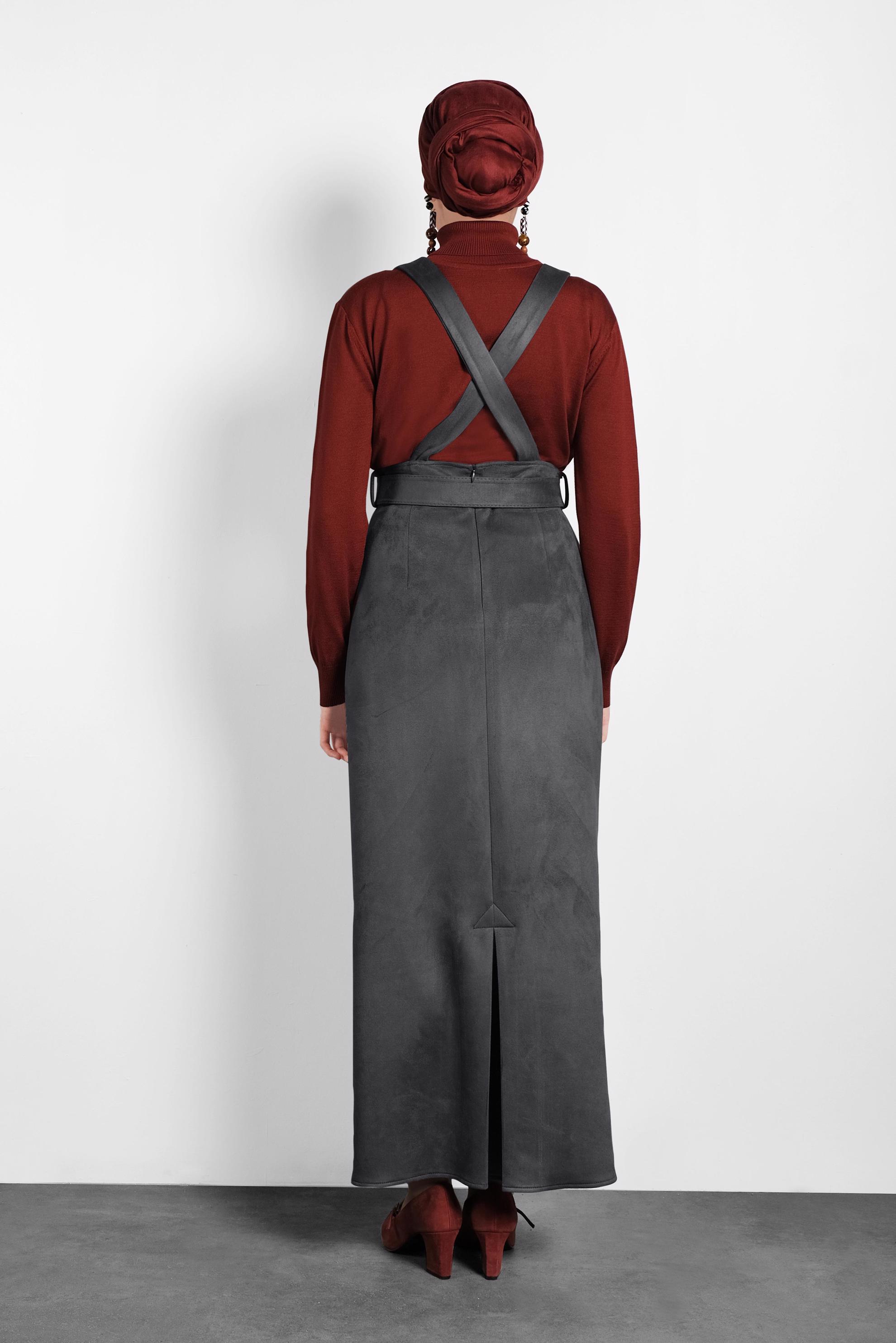 Tesettür giyim GRİ KEMERLİ SÜET JİLE ELBİSE 40292