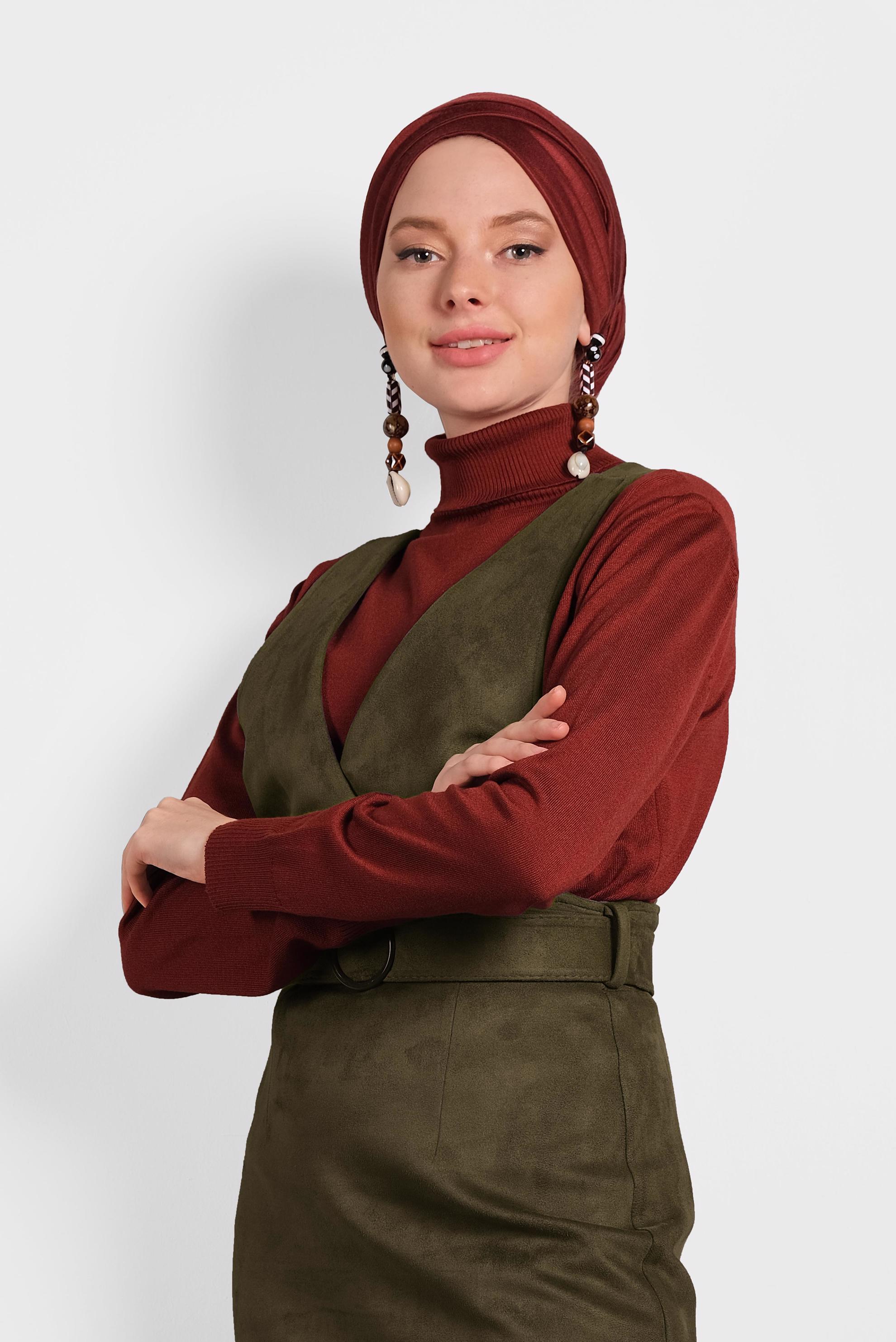 Tesettür giyim HAKİ KEMERLİ SÜET JİLE ELBİSE 40292