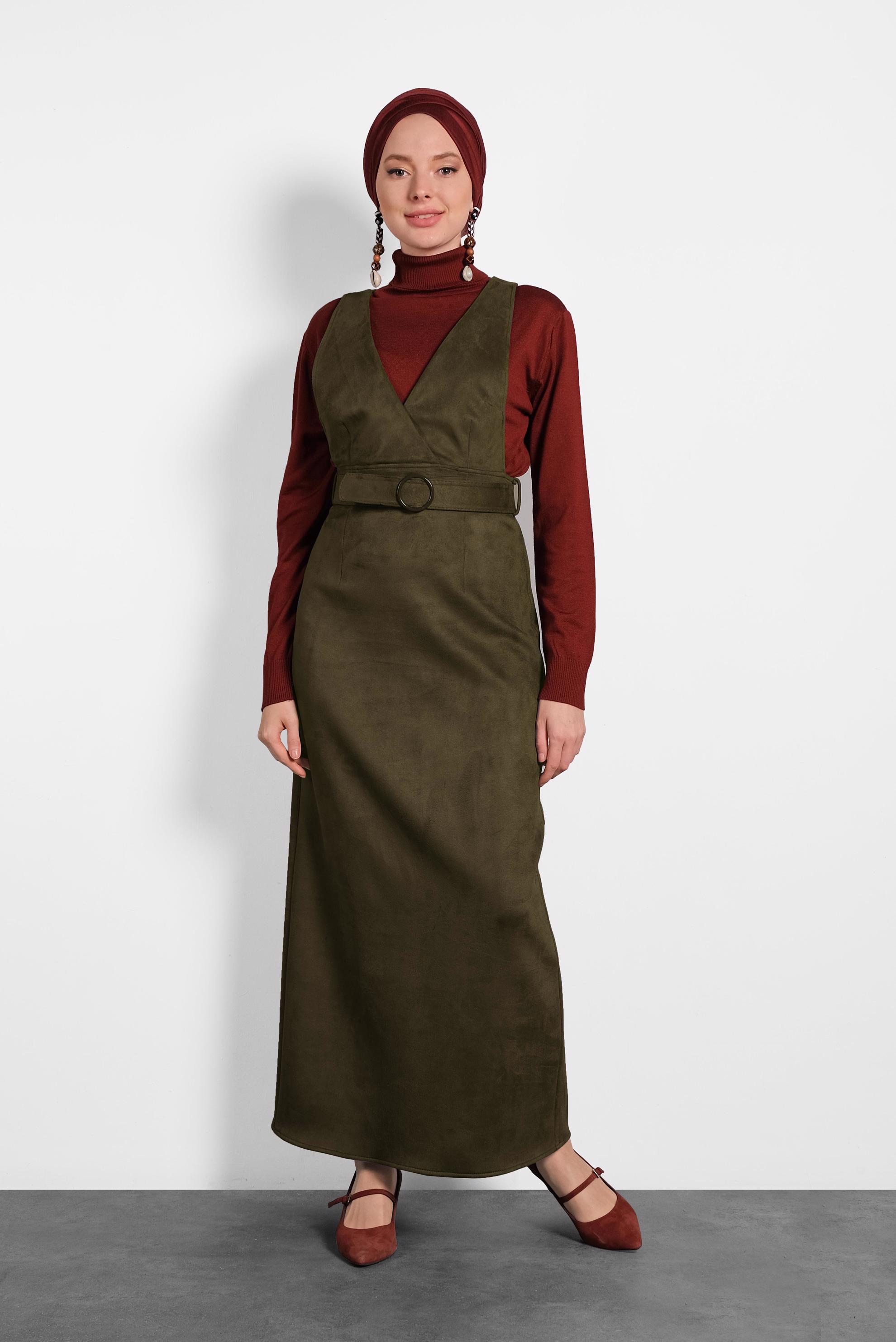 Tesettür giyim HAKİ KEMERLİ SÜET JİLE ELBİSE 40292