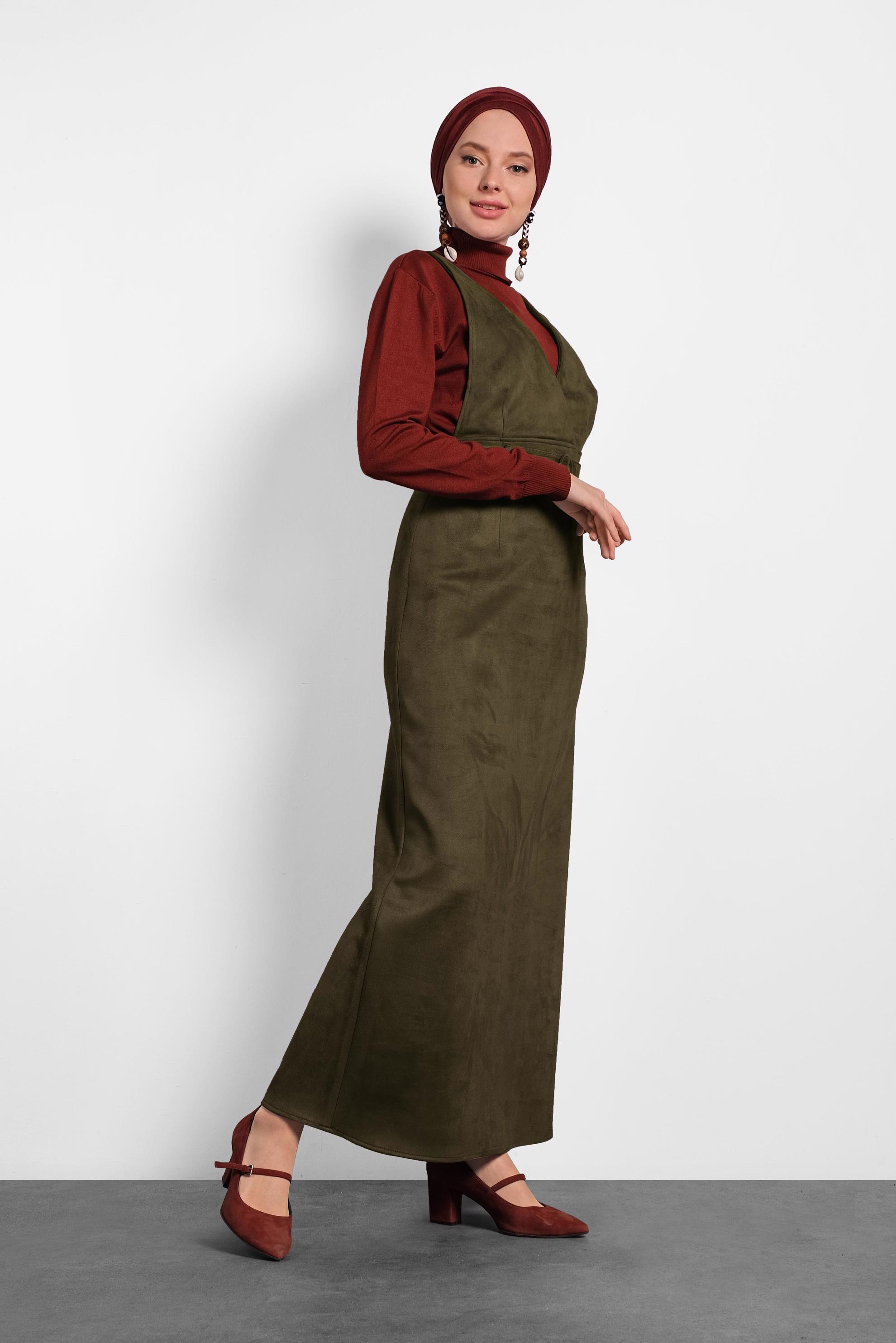 Tesettür giyim HAKİ KEMERLİ SÜET JİLE ELBİSE 40292