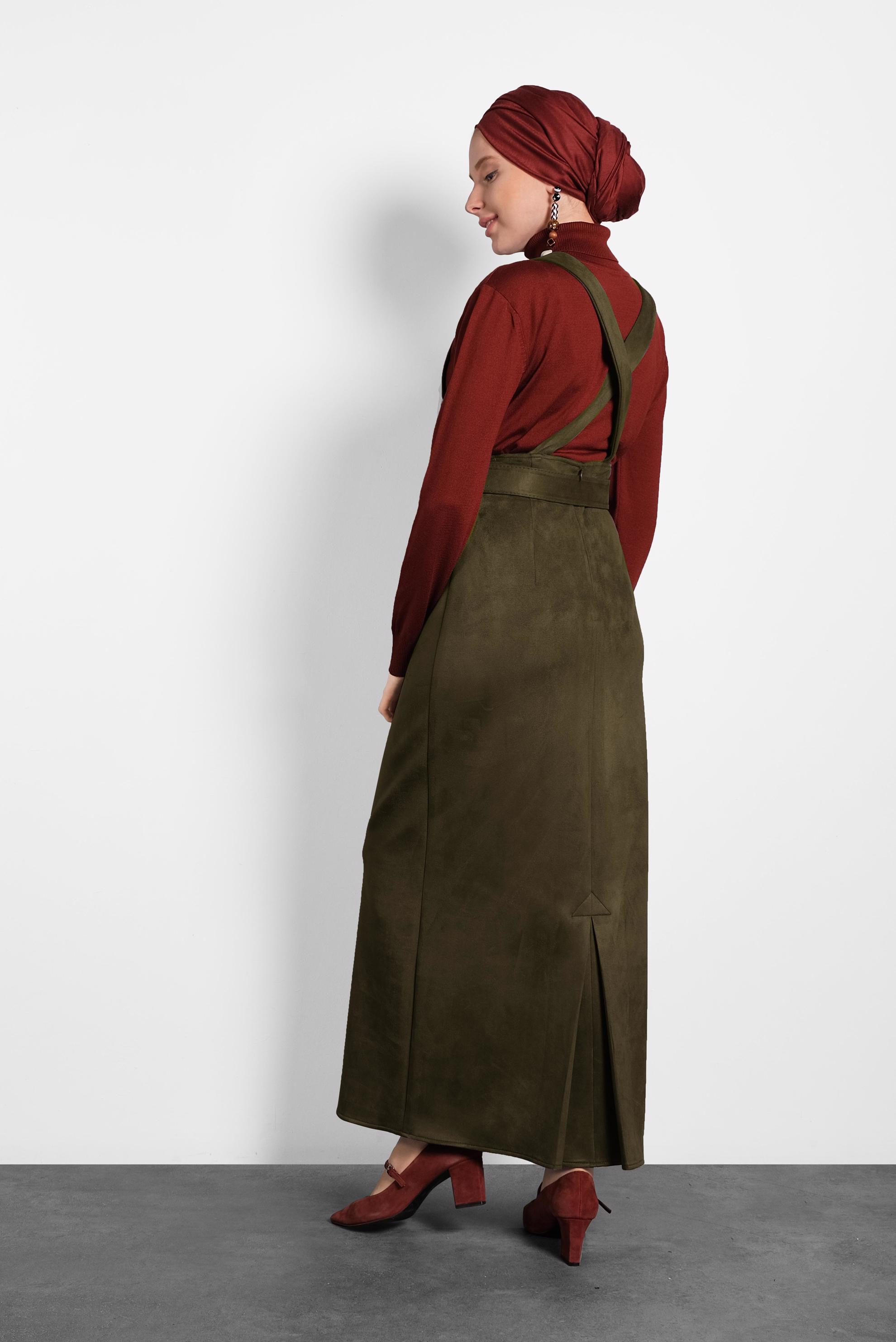 Tesettür giyim HAKİ KEMERLİ SÜET JİLE ELBİSE 40292