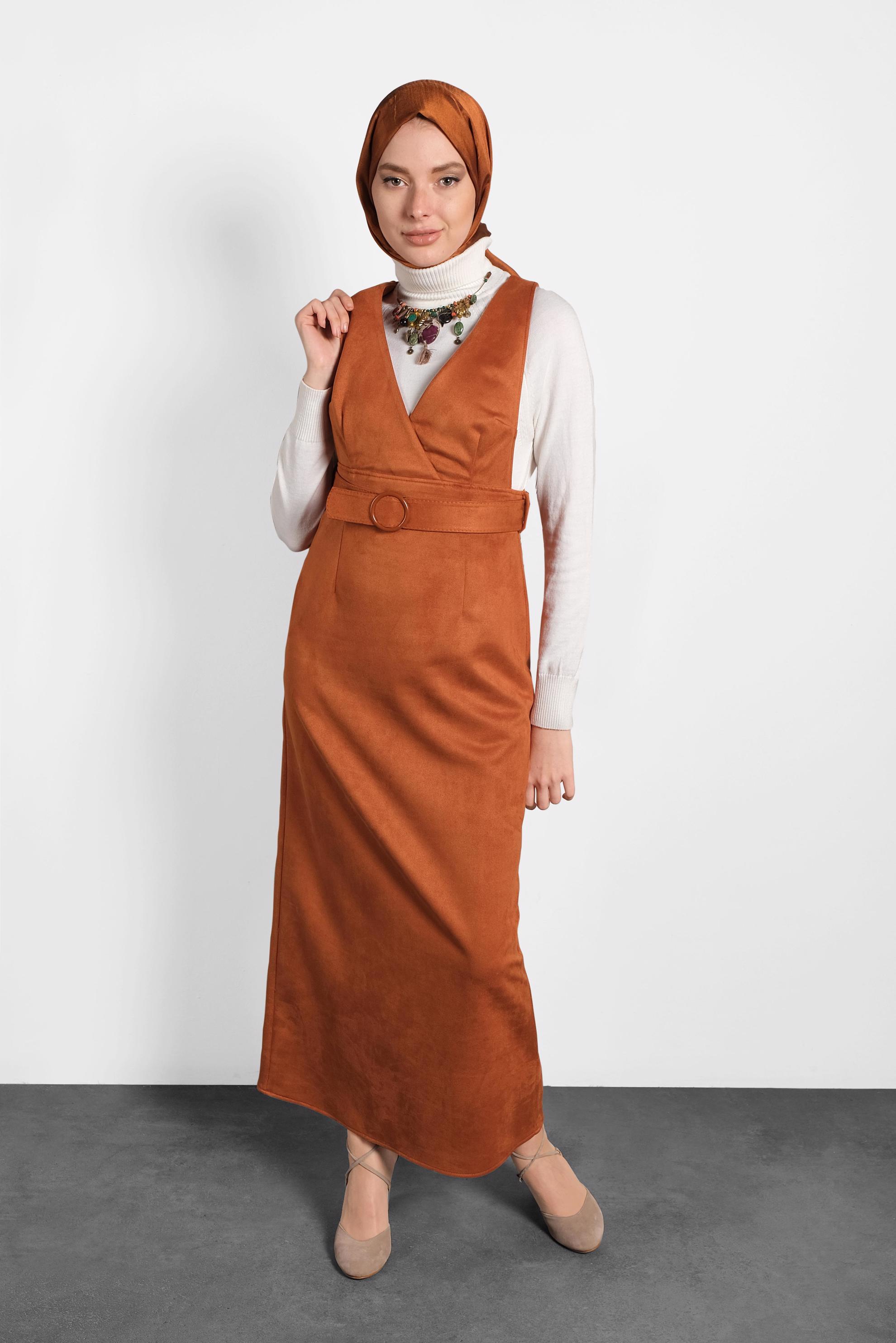 Tesettür giyim TURUNCU KEMERLİ SÜET JİLE ELBİSE 40292