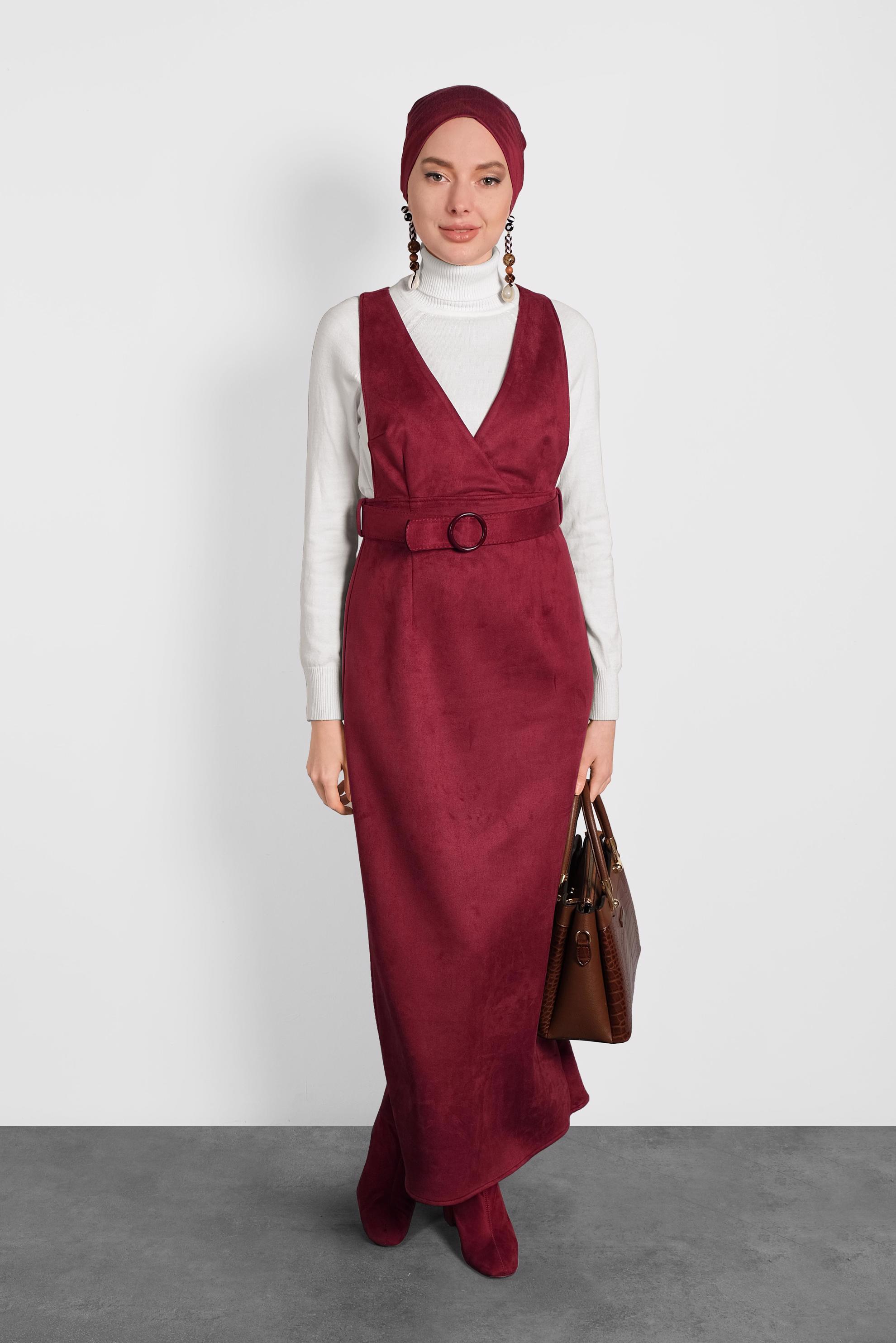 Tesettür giyim BORDO KEMERLİ SÜET JİLE ELBİSE 40292