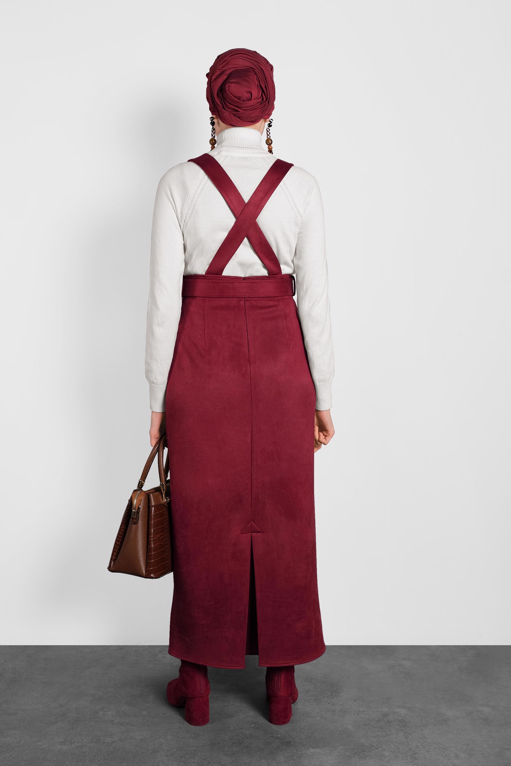 Tesettür giyim BORDO KEMERLİ SÜET JİLE ELBİSE 40292