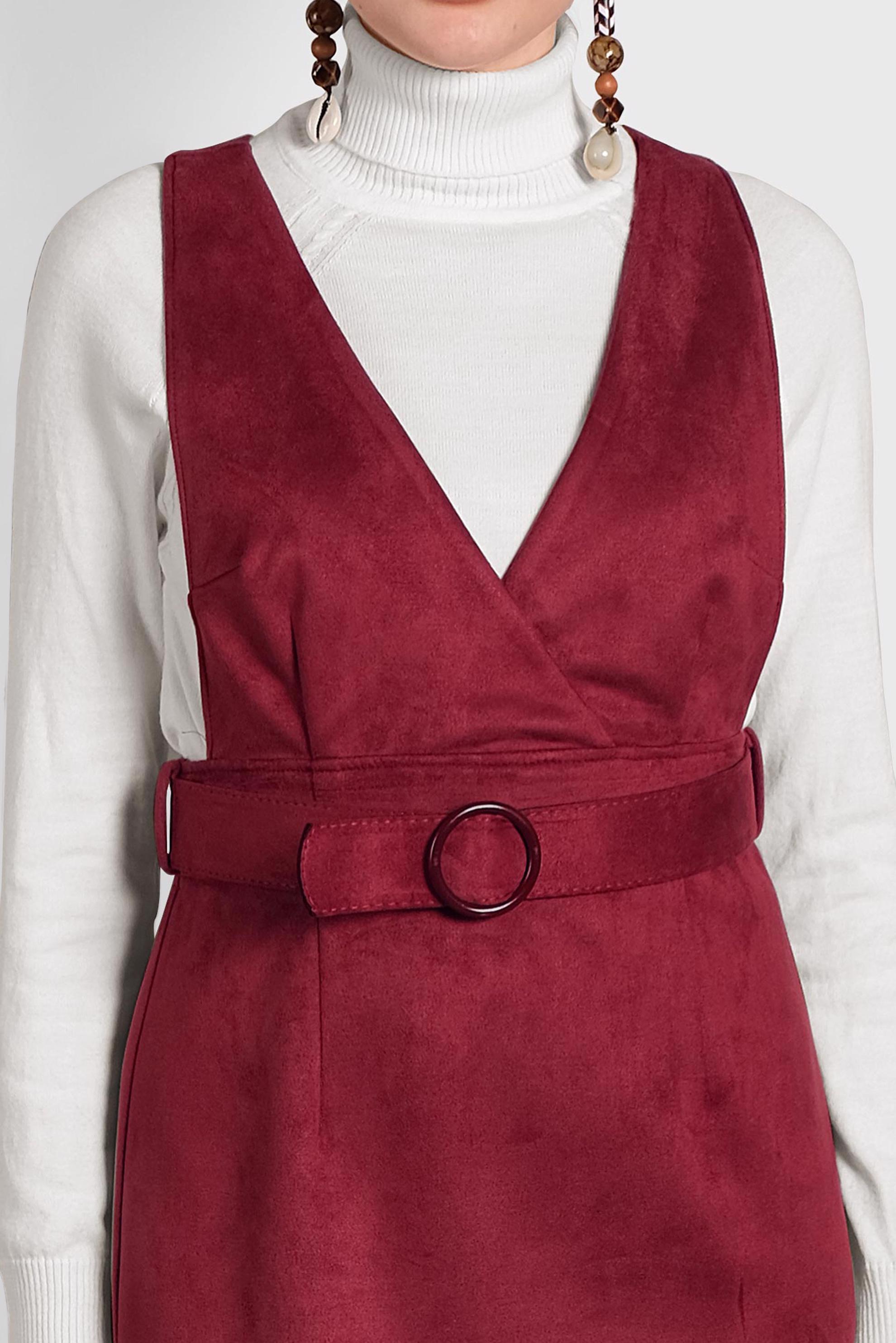 Tesettür giyim BORDO KEMERLİ SÜET JİLE ELBİSE 40292