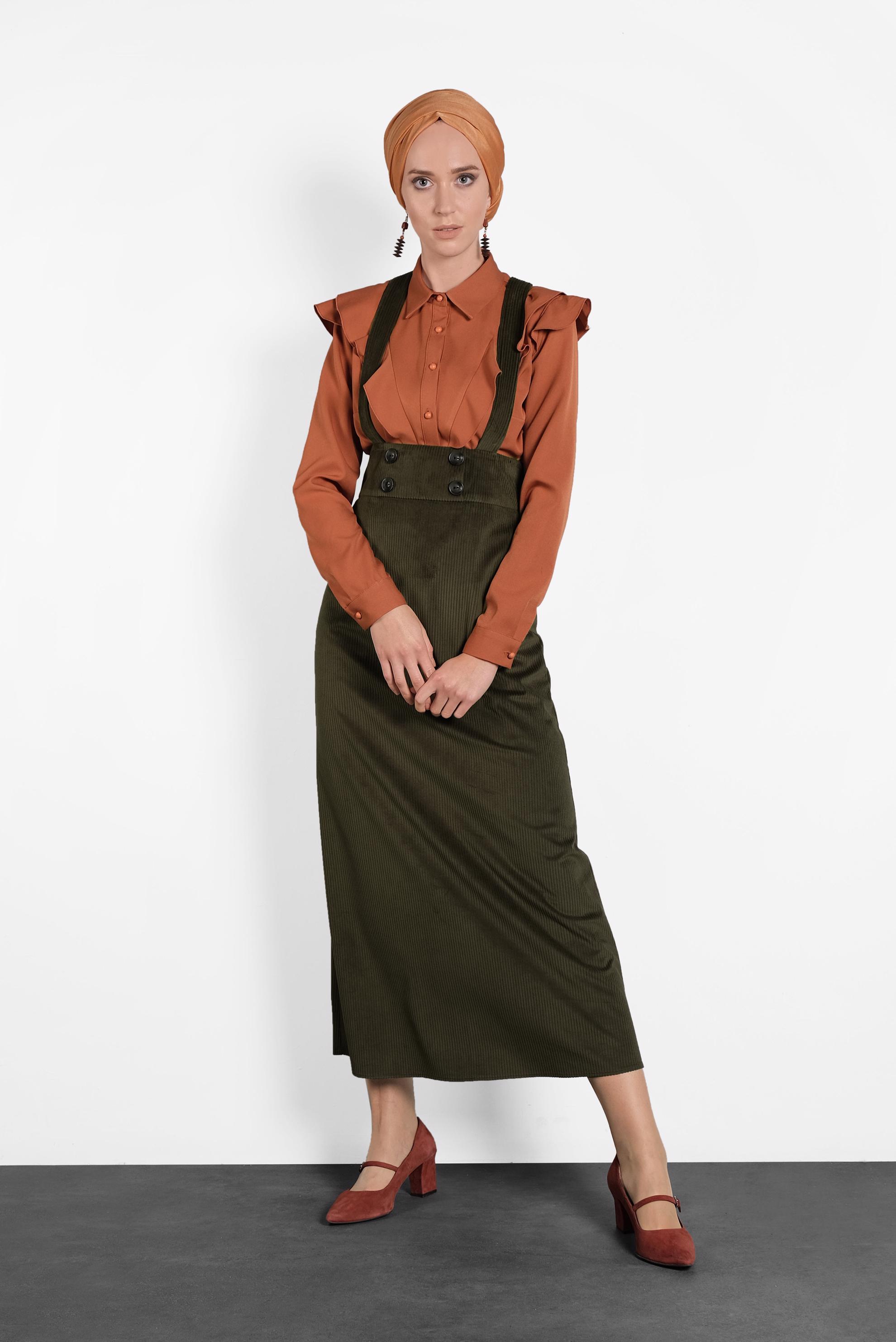 Tesettür giyim HAKİ DÜĞMELİ KADİFE JİLE 40312 