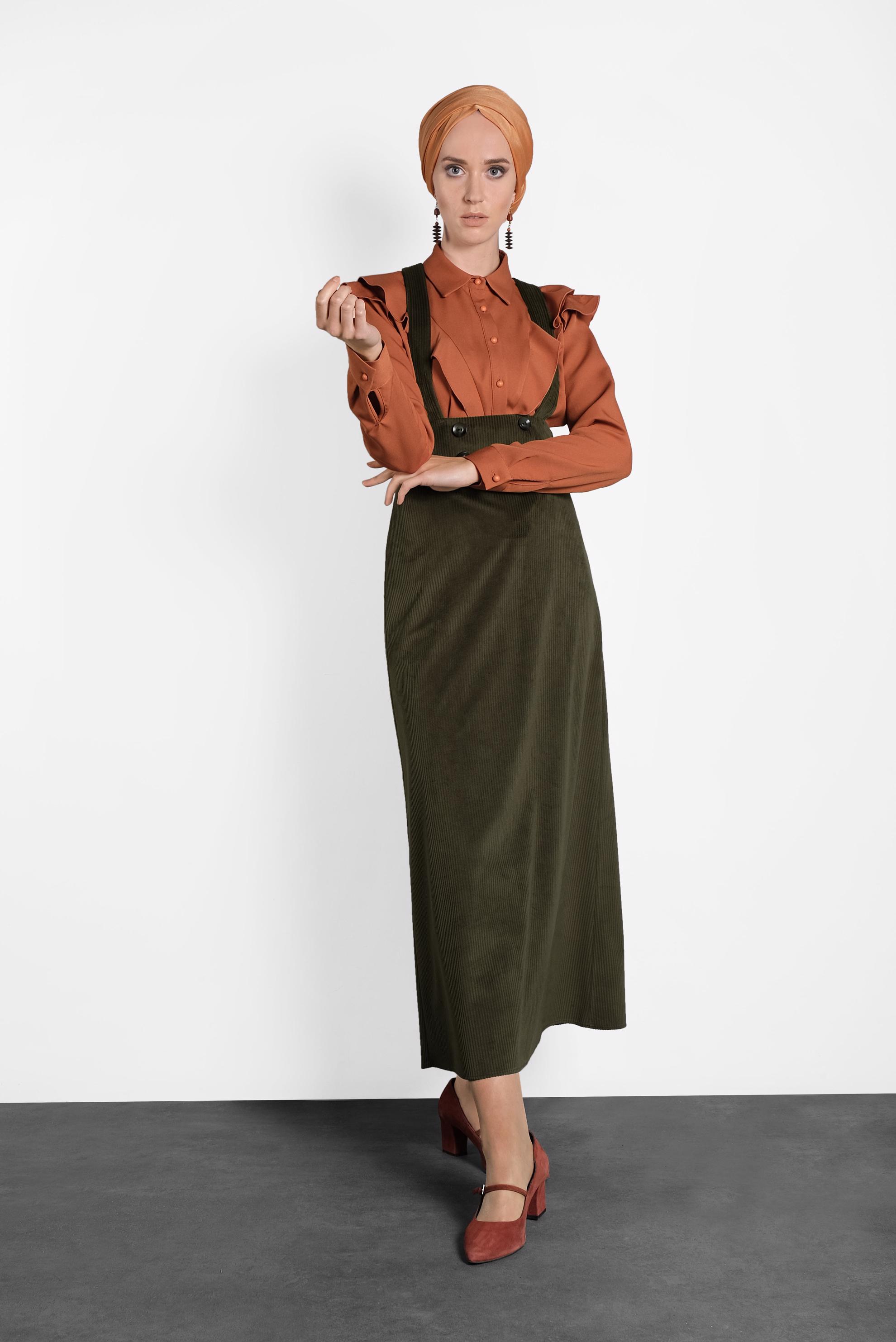 Tesettür giyim HAKİ DÜĞMELİ KADİFE JİLE 40312 