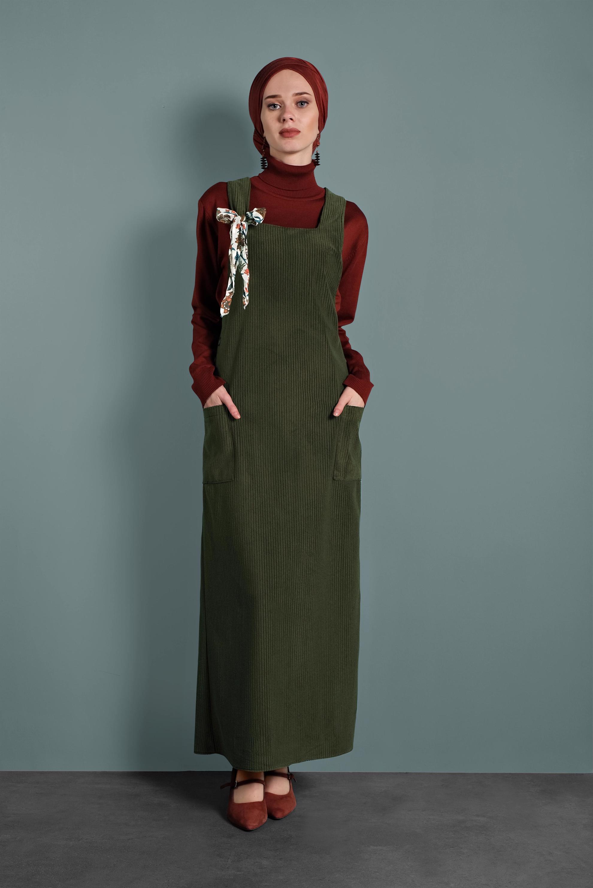 Tesettür giyim HAKİ CEPLİ KADİFE JİLE 40342 