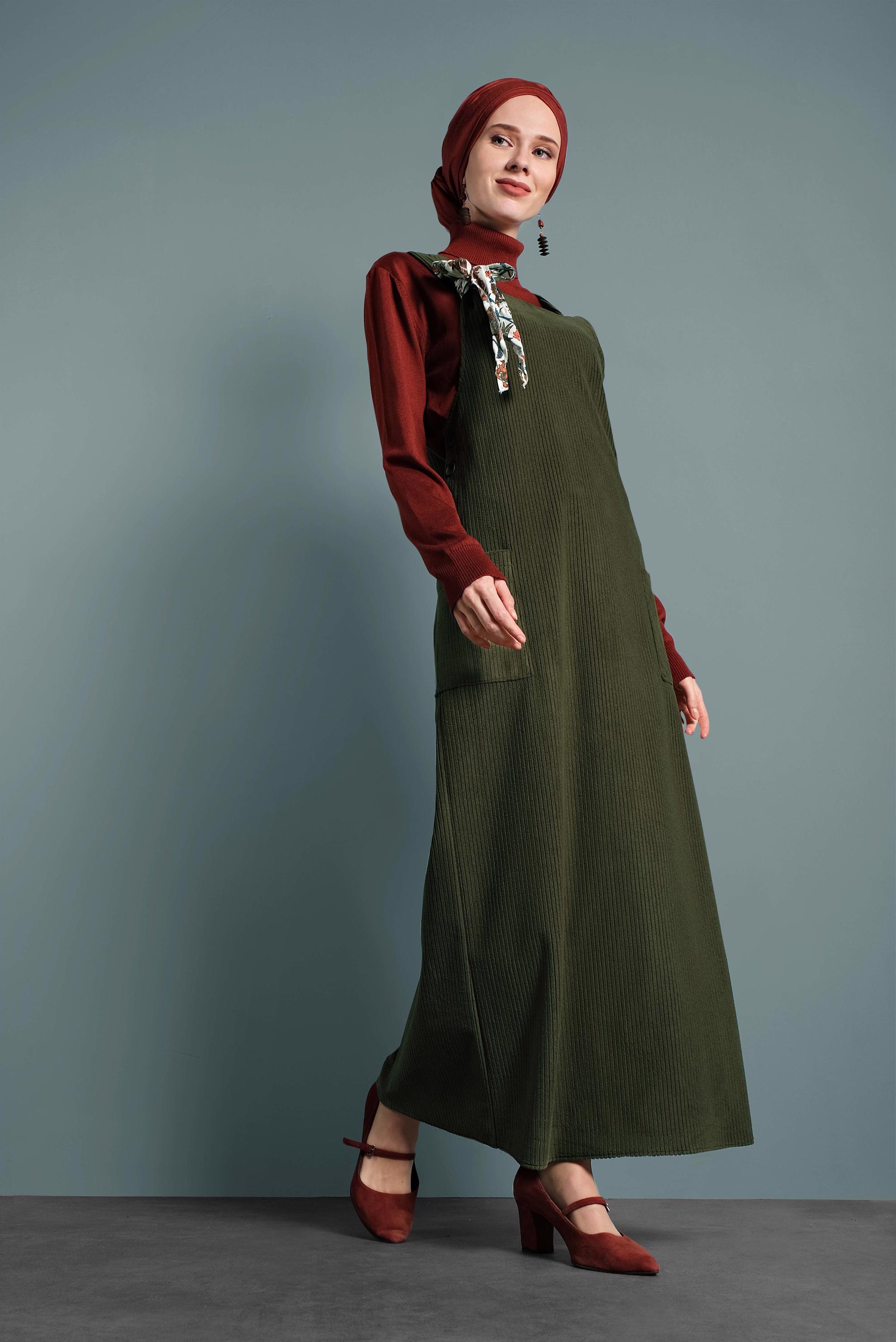 Tesettür giyim HAKİ CEPLİ KADİFE JİLE 40342 