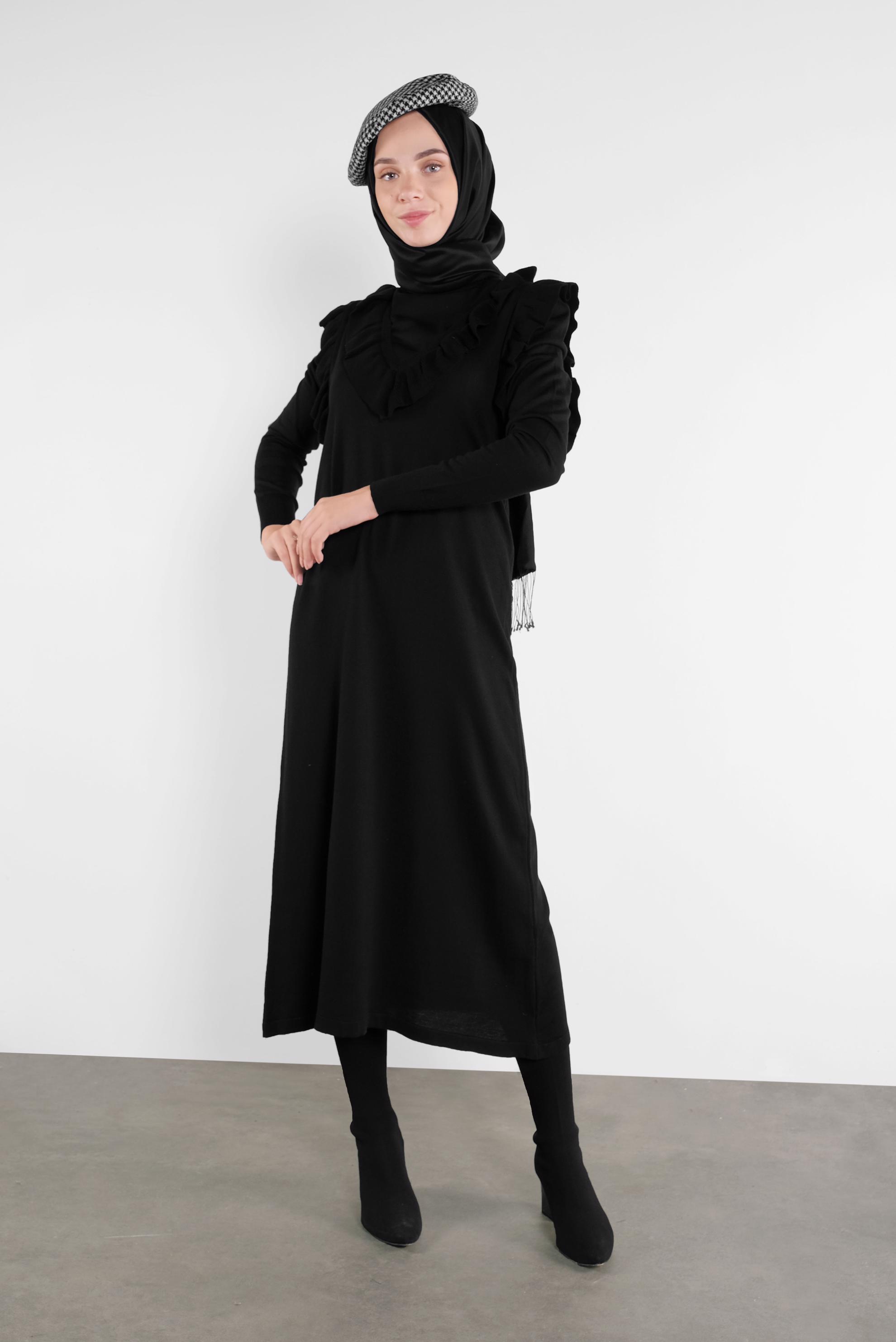 Tesettür giyim SİYAH FIRFIR DETAYLI UZUN TRİKO JİLE 41036 