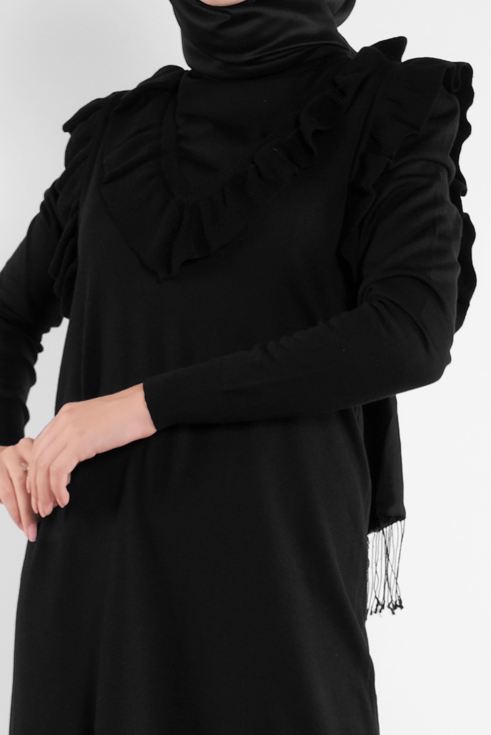 Tesettür giyim SİYAH FIRFIR DETAYLI UZUN TRİKO JİLE 41036 