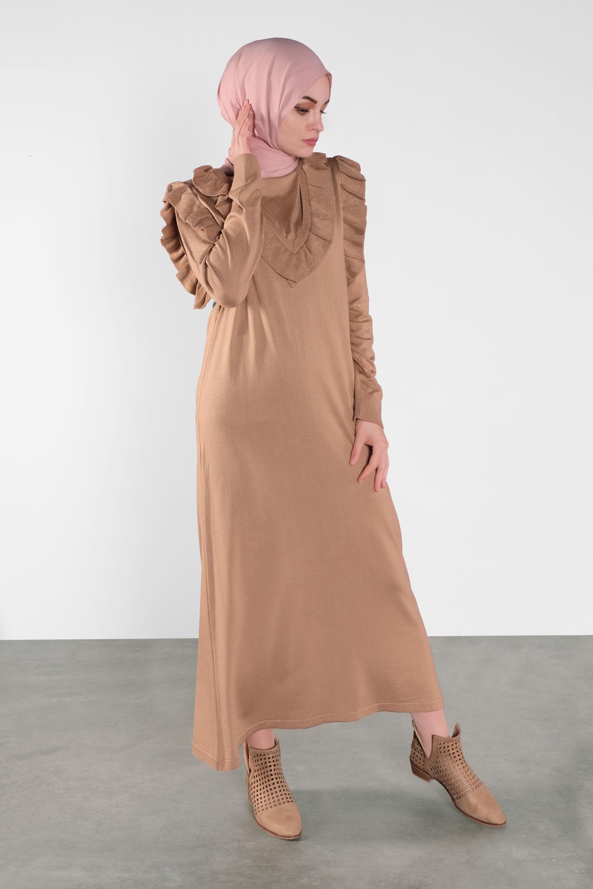 Tesettür giyim KAHVE FIRFIR DETAYLI UZUN TRİKO JİLE 41036 