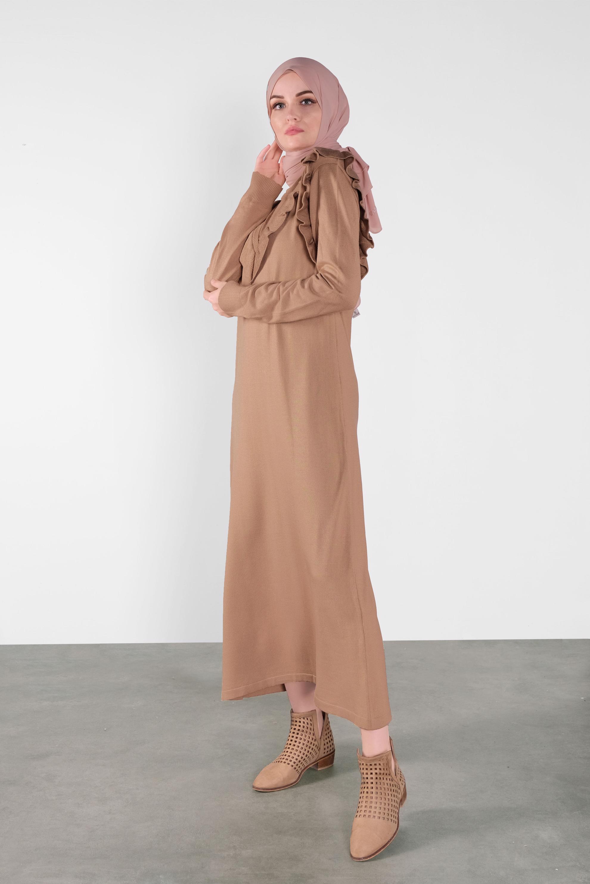 Tesettür giyim KAHVE FIRFIR DETAYLI UZUN TRİKO JİLE 41036 