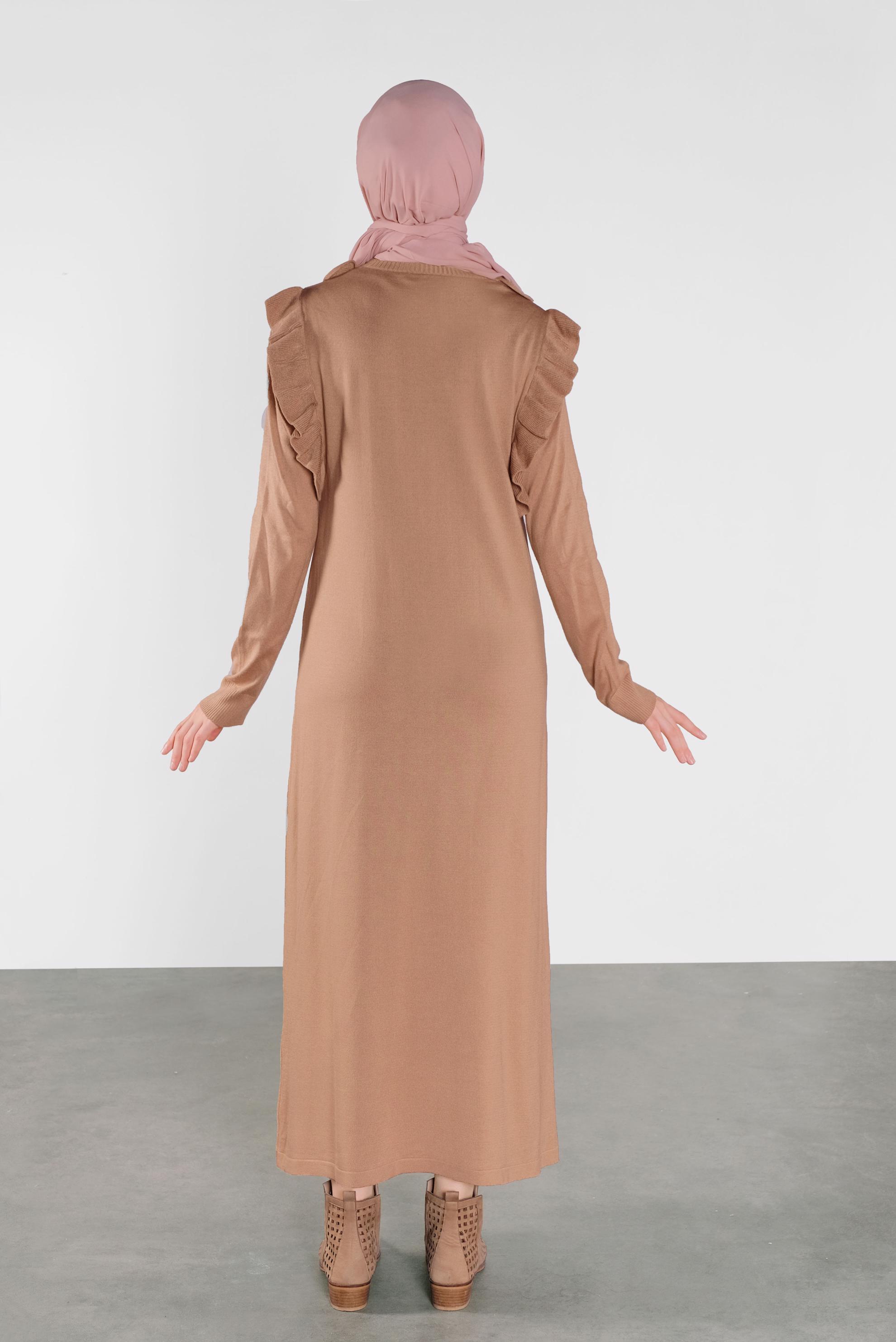 Tesettür giyim KAHVE FIRFIR DETAYLI UZUN TRİKO JİLE 41036 