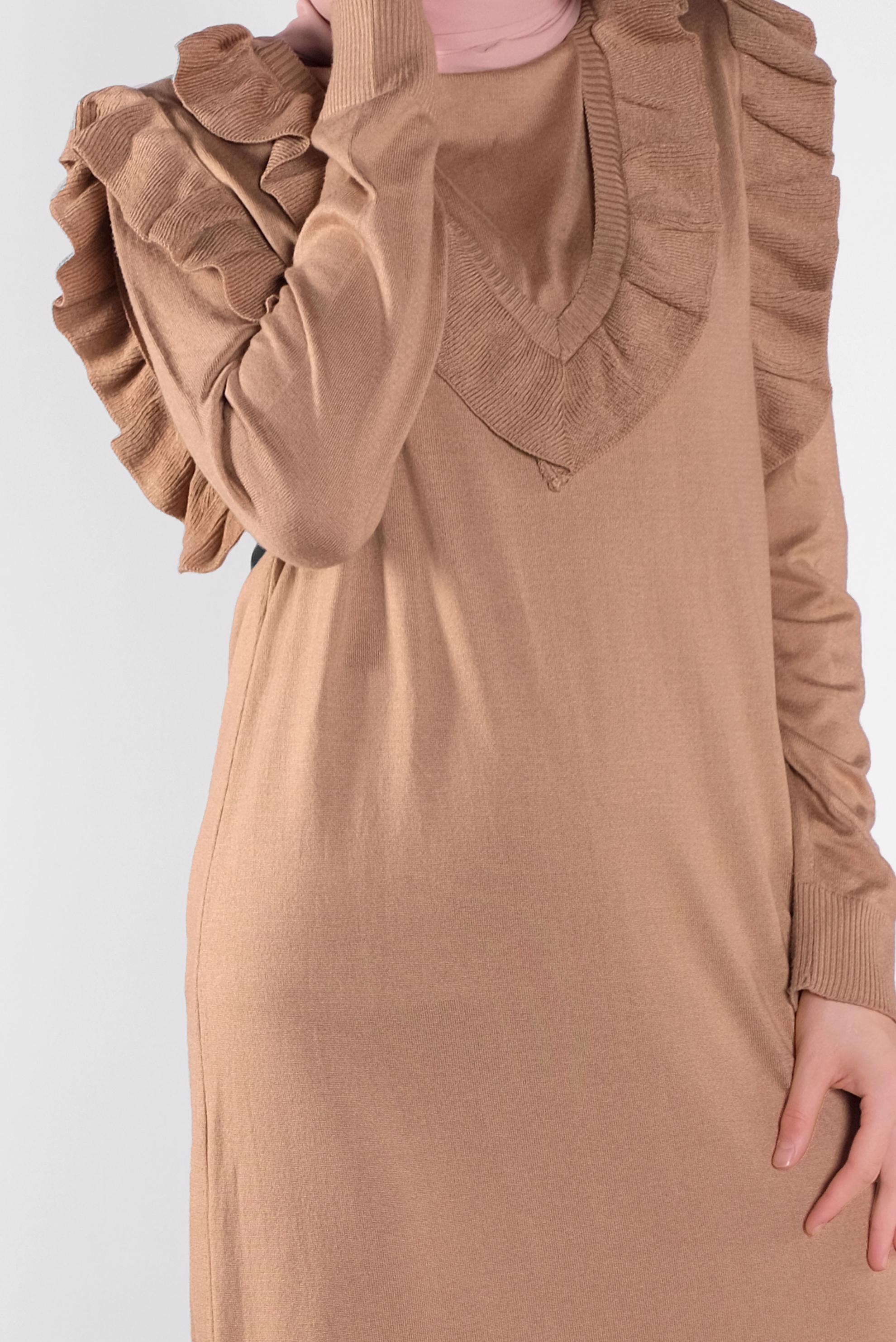 Tesettür giyim KAHVE FIRFIR DETAYLI UZUN TRİKO JİLE 41036 