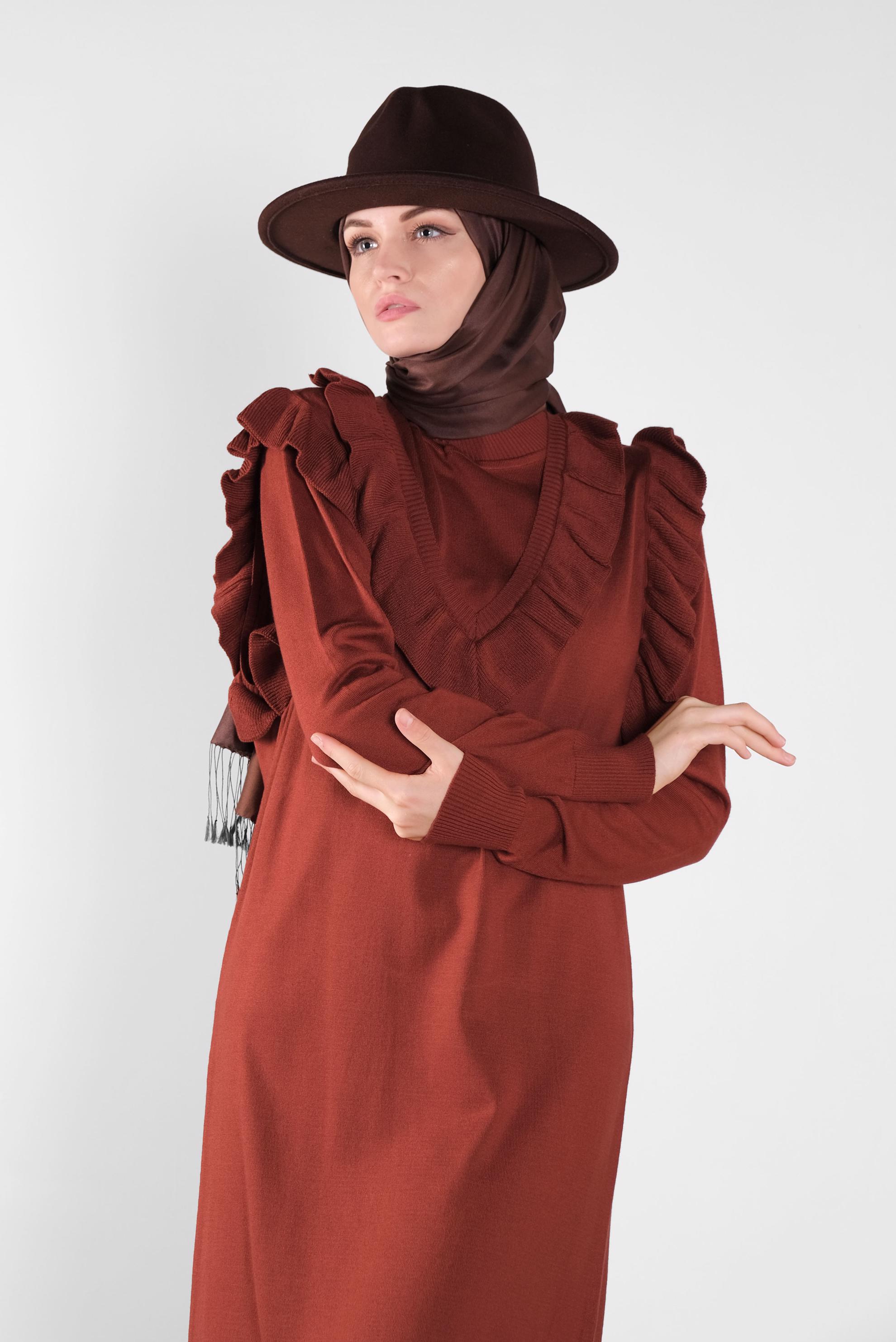 Tesettür giyim TURUNCU FIRFIR DETAYLI UZUN TRİKO JİLE 41036 