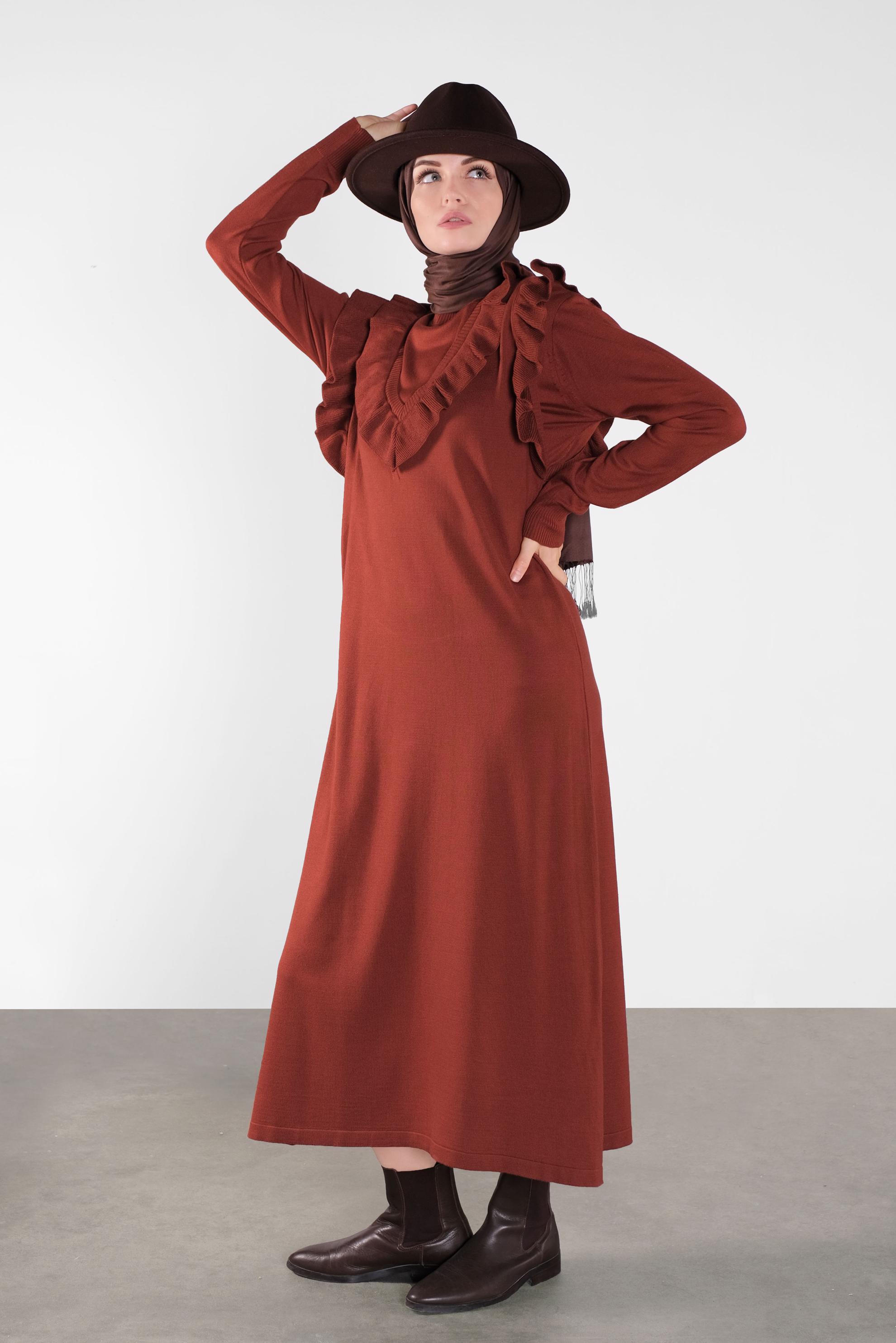 Tesettür giyim TURUNCU FIRFIR DETAYLI UZUN TRİKO JİLE 41036 