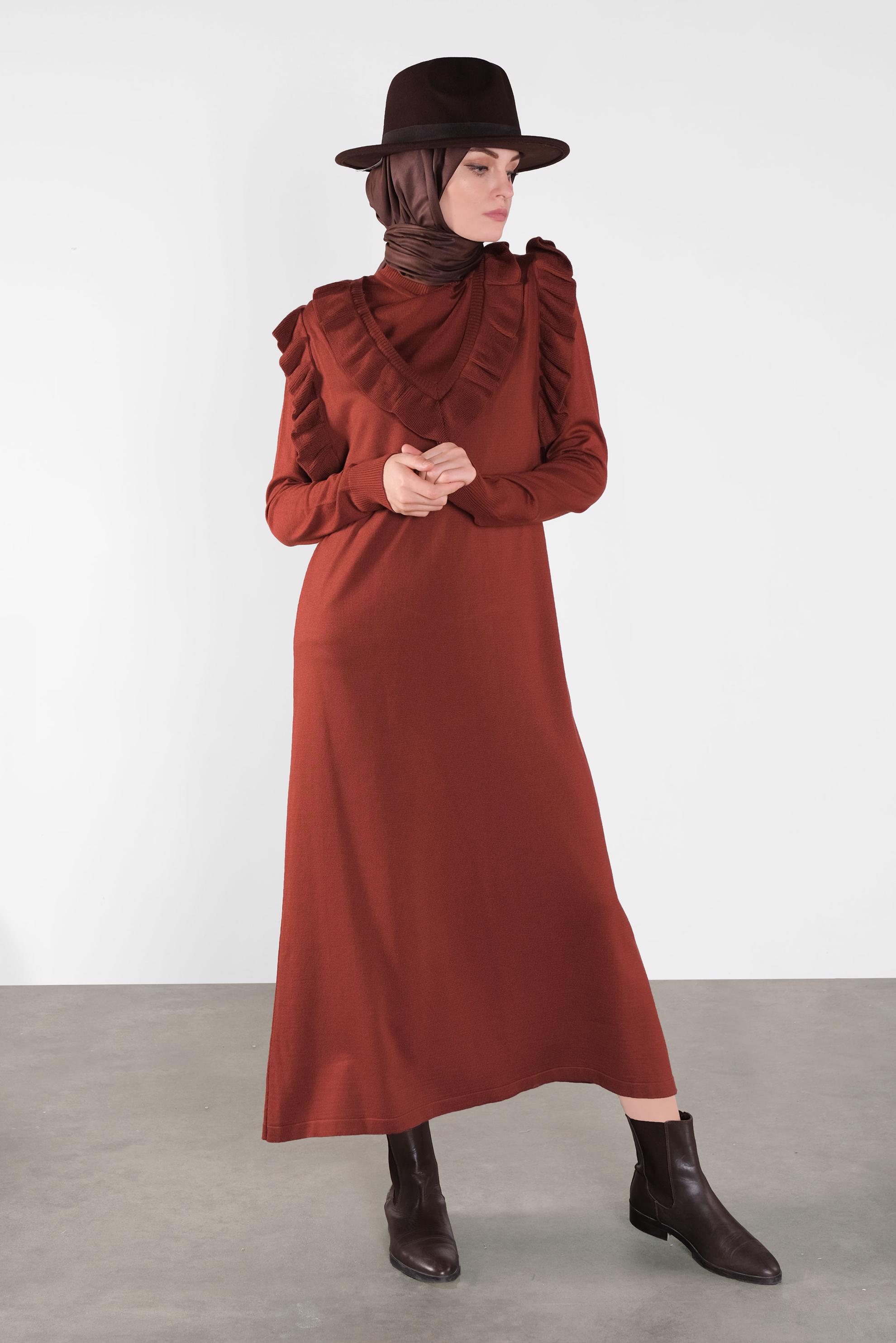 Tesettür giyim TURUNCU FIRFIR DETAYLI UZUN TRİKO JİLE 41036 