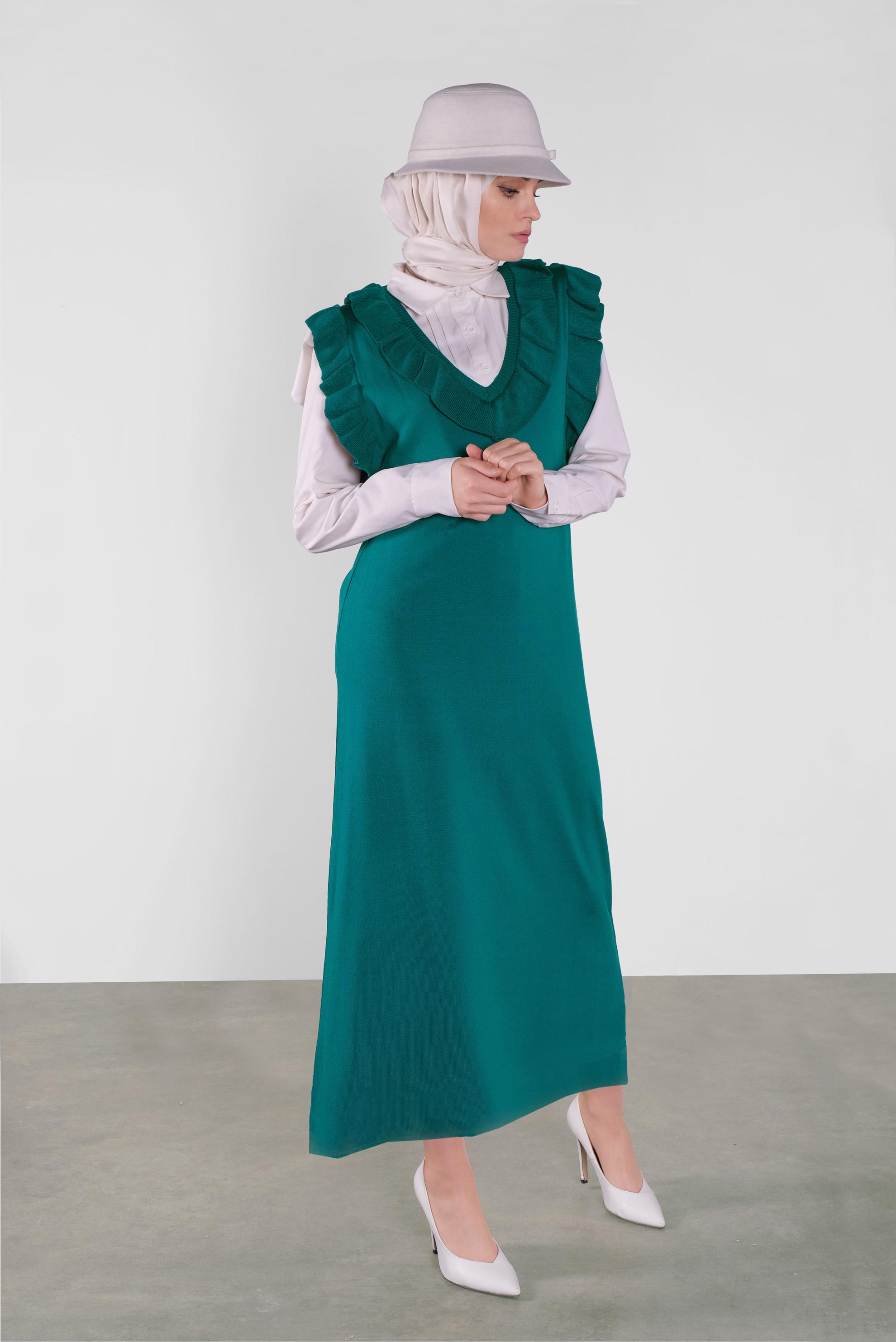 Tesettür giyim MAVİ FIRFIR DETAYLI UZUN TRİKO JİLE 41036 