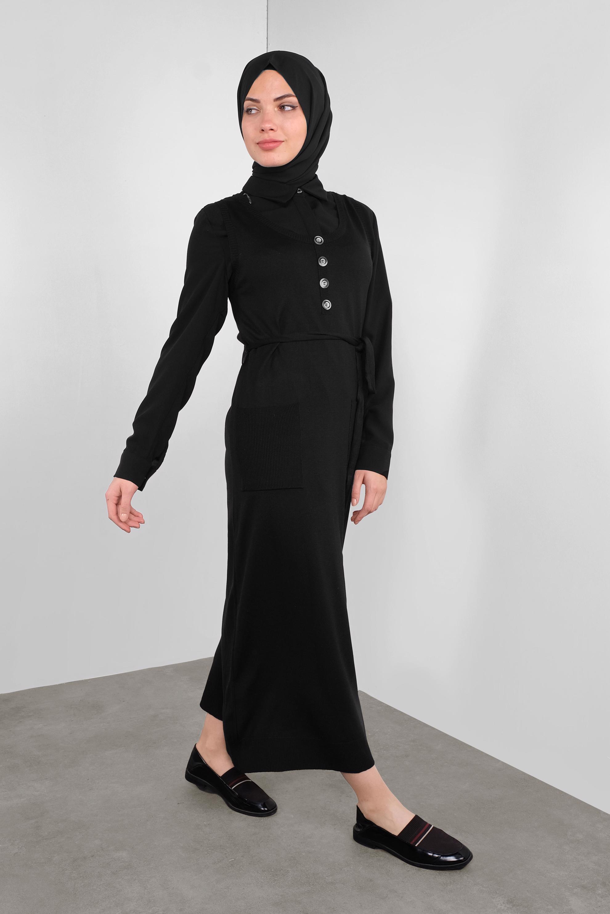 Tesettür giyim SİYAH KUŞAKLI TRİKO JİLE 41037 
