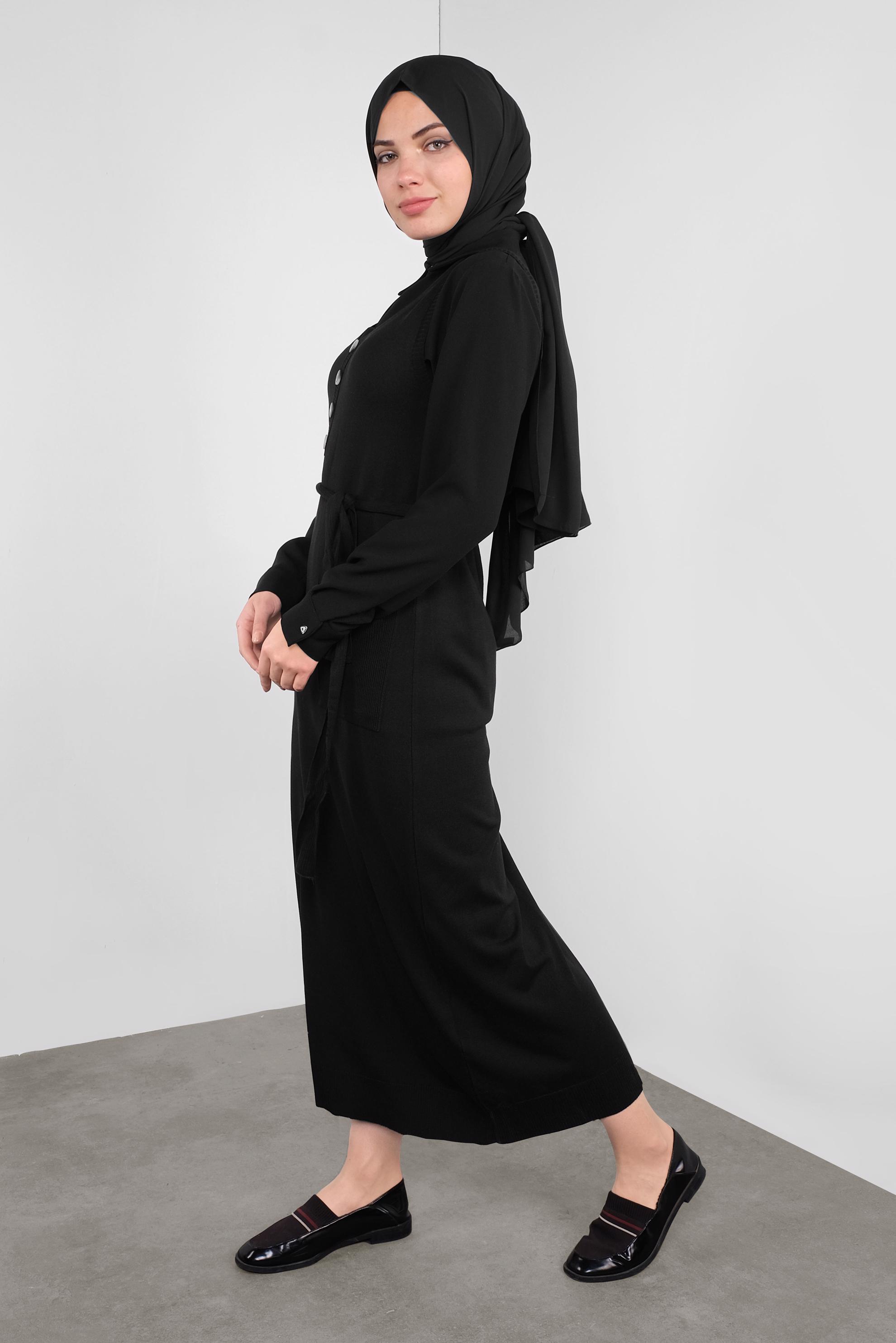 Tesettür giyim SİYAH KUŞAKLI TRİKO JİLE 41037 