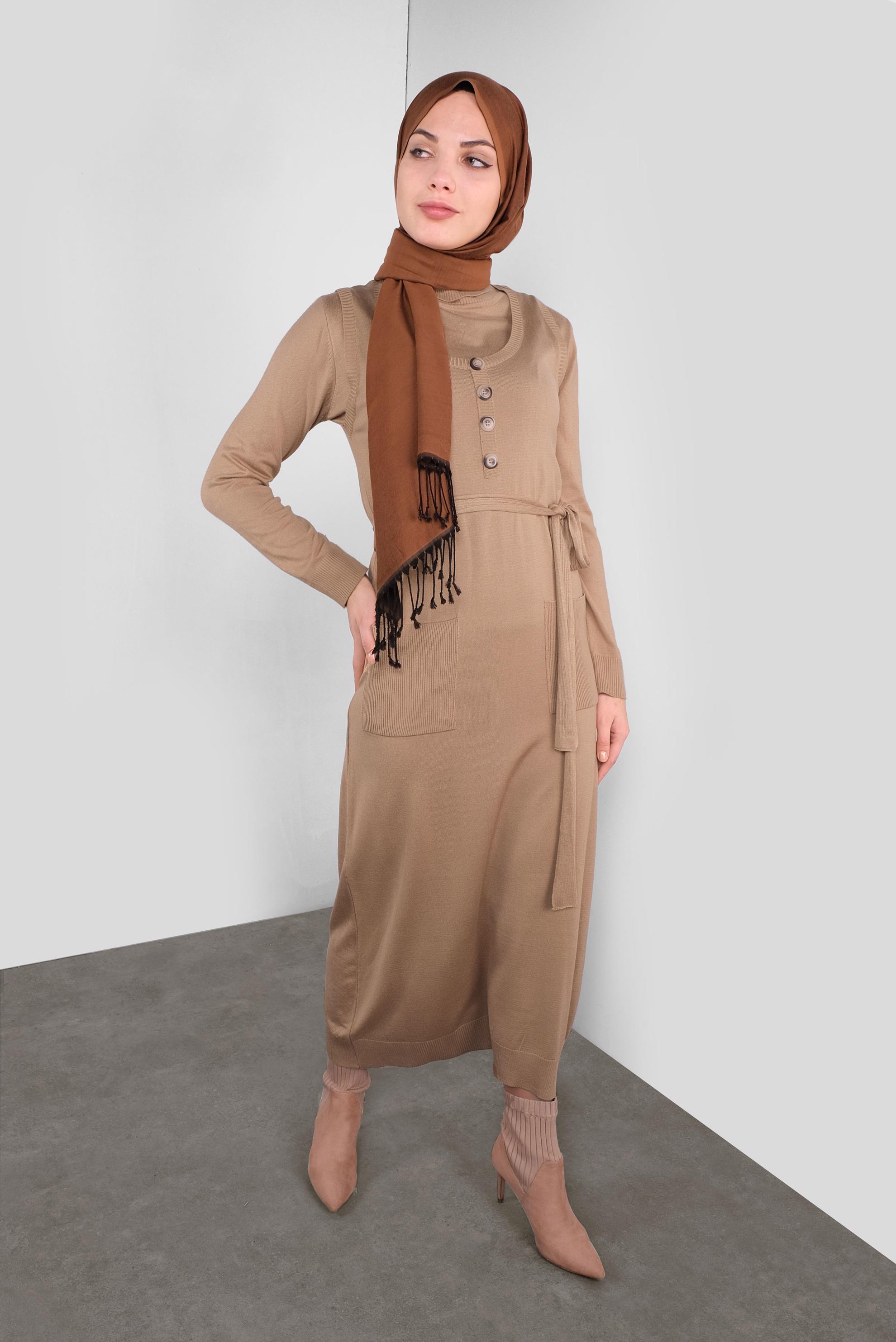 Tesettür giyim KAHVE KUŞAKLI TRİKO JİLE 41037 