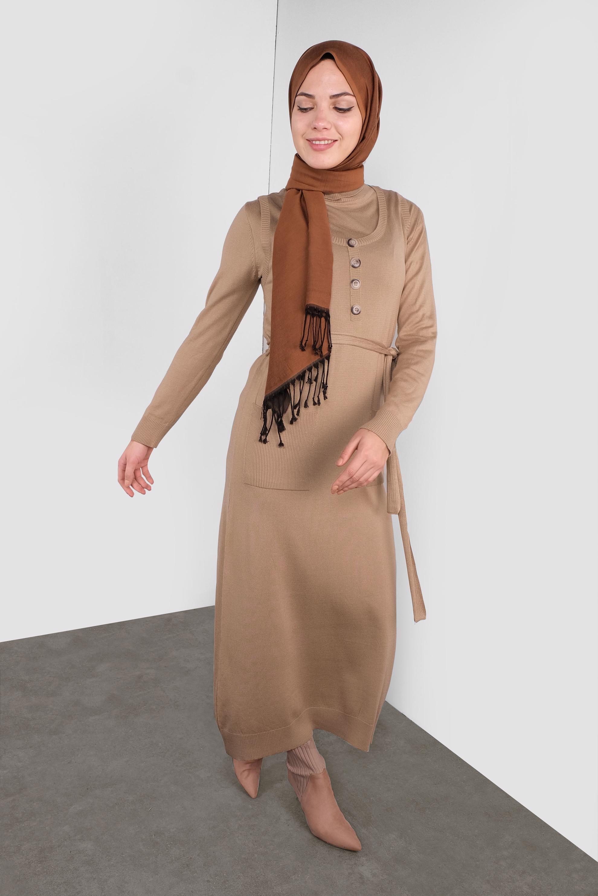 Tesettür giyim KAHVE KUŞAKLI TRİKO JİLE 41037 