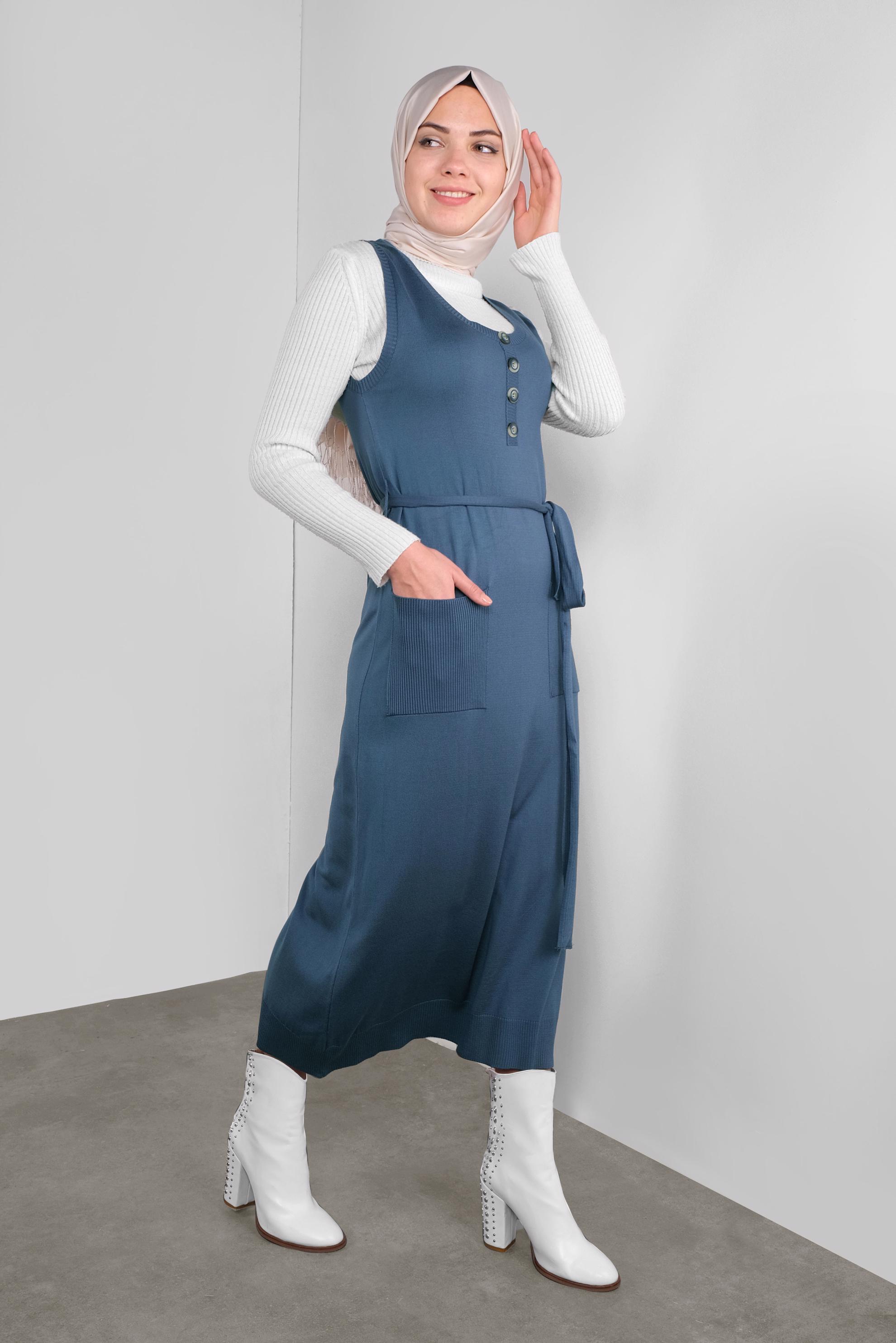 Tesettür giyim LACİVERT KUŞAKLI TRİKO JİLE 41037 