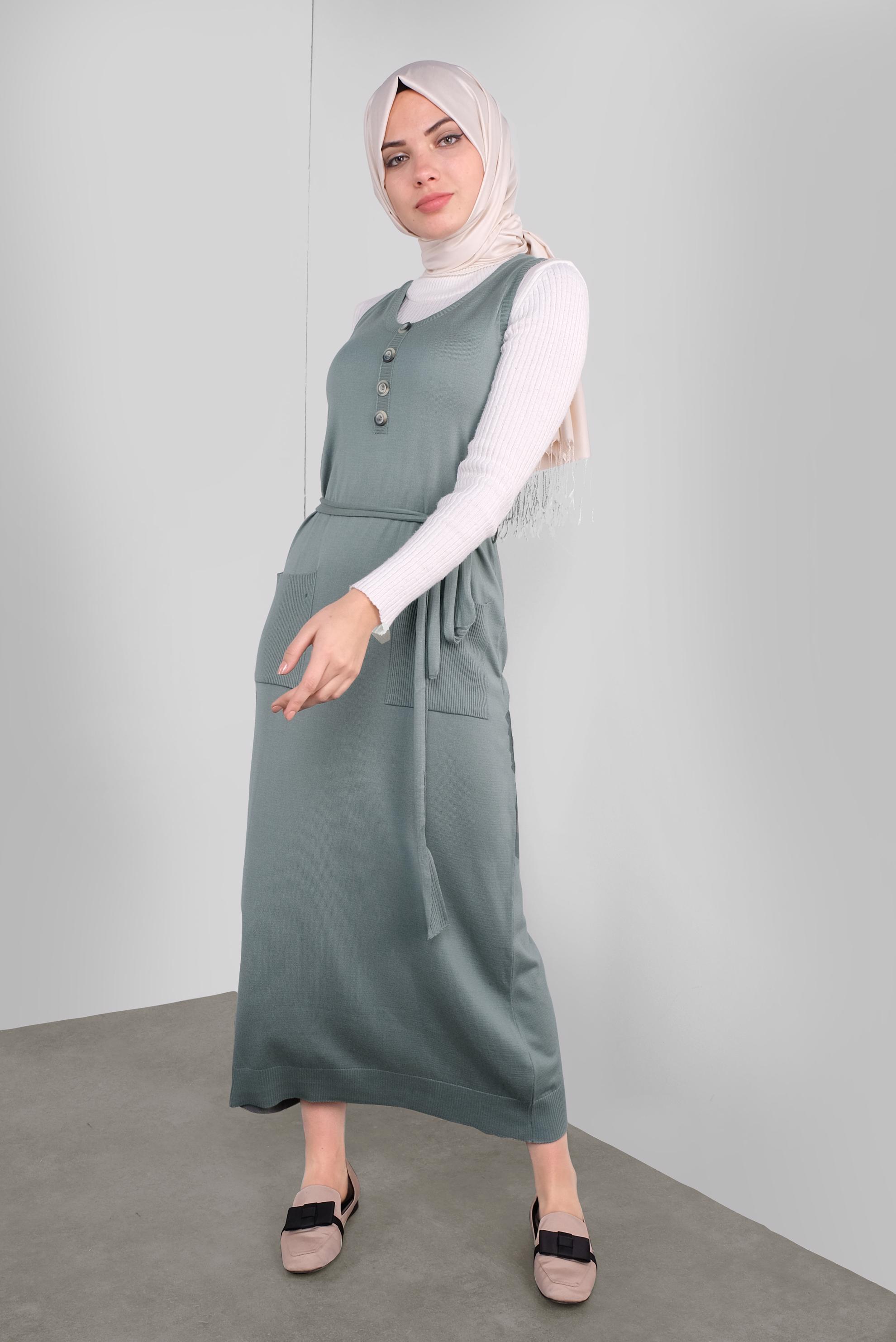 Hijab clothing GREEN BELTED KNIT PINAFORE SKIRT 41037