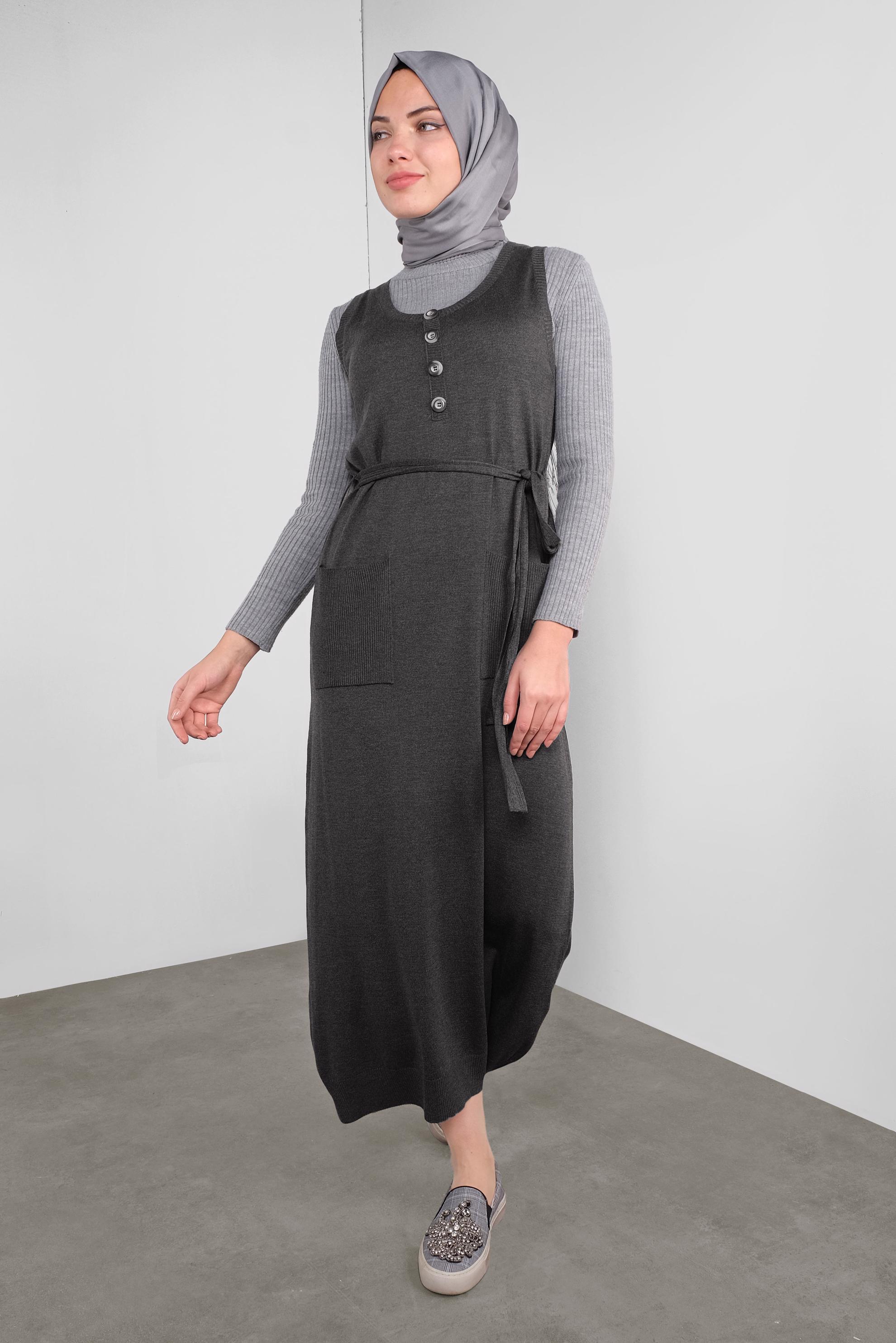Tesettür giyim GRİ KUŞAKLI TRİKO JİLE 41037 