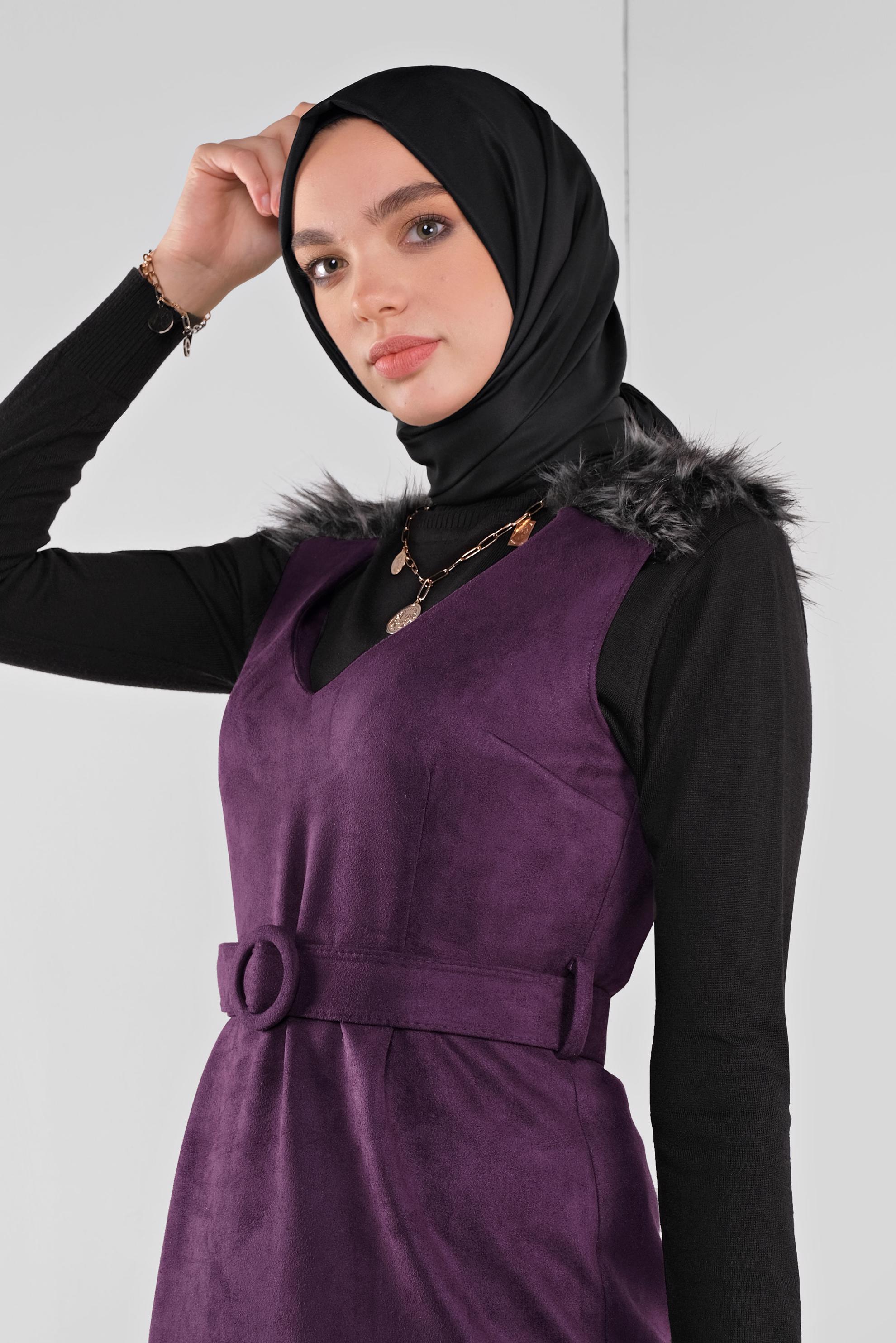 Tesettür giyim MOR OMUZLARI KÜRK DETAYLI SÜET JİLE 41119 