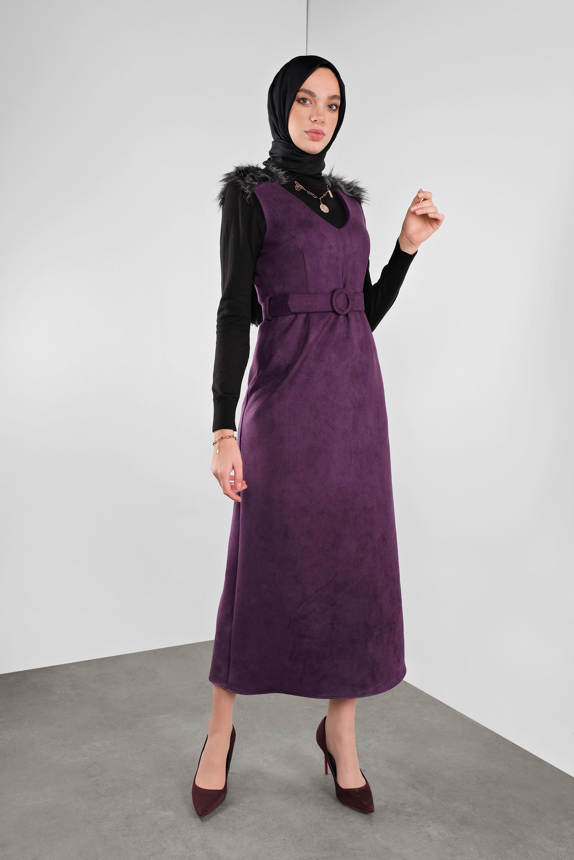 Tesettür giyim MOR OMUZLARI KÜRK DETAYLI SÜET JİLE 41119 