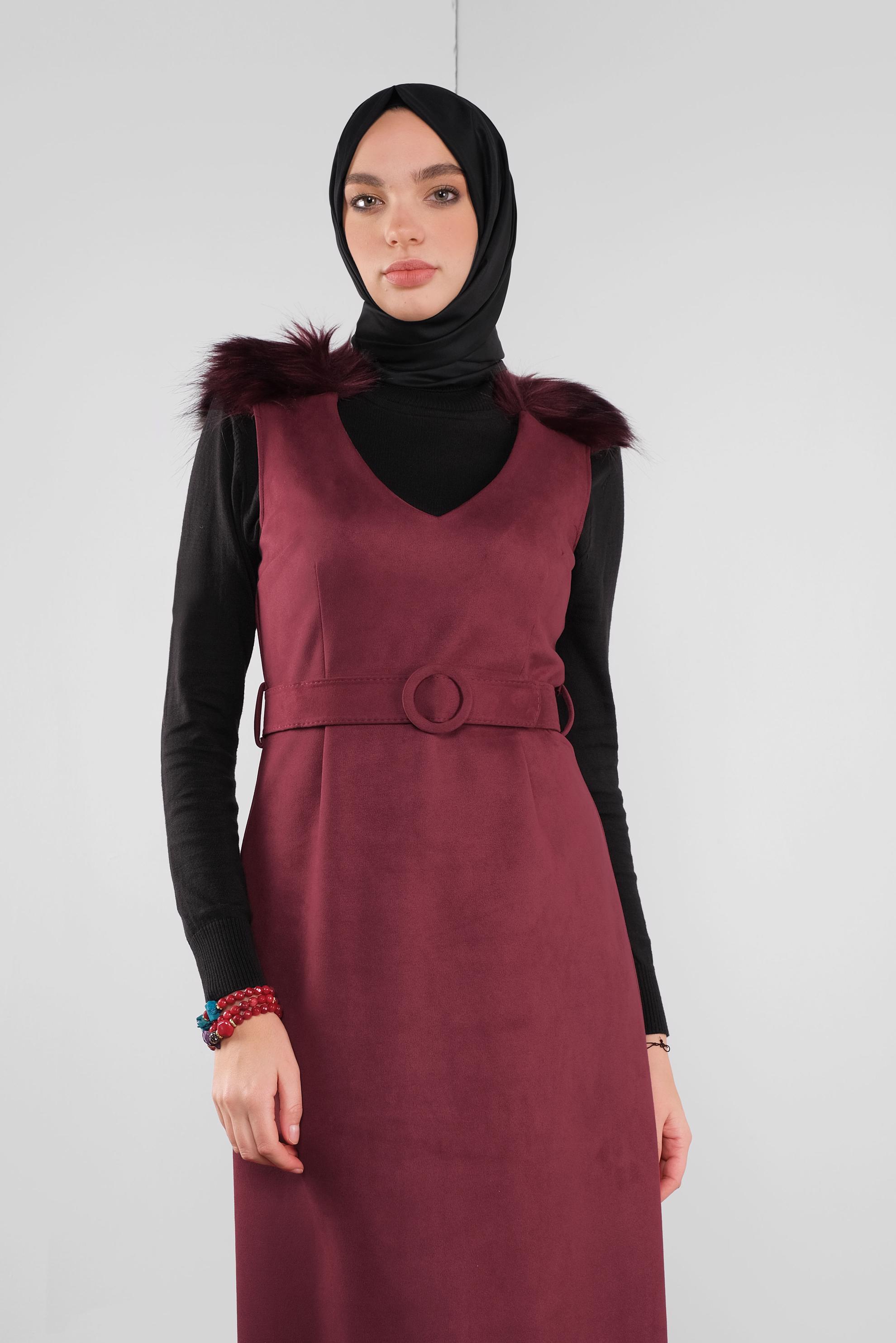 Tesettür giyim BORDO OMUZLARI KÜRK DETAYLI SÜET JİLE 41119 
