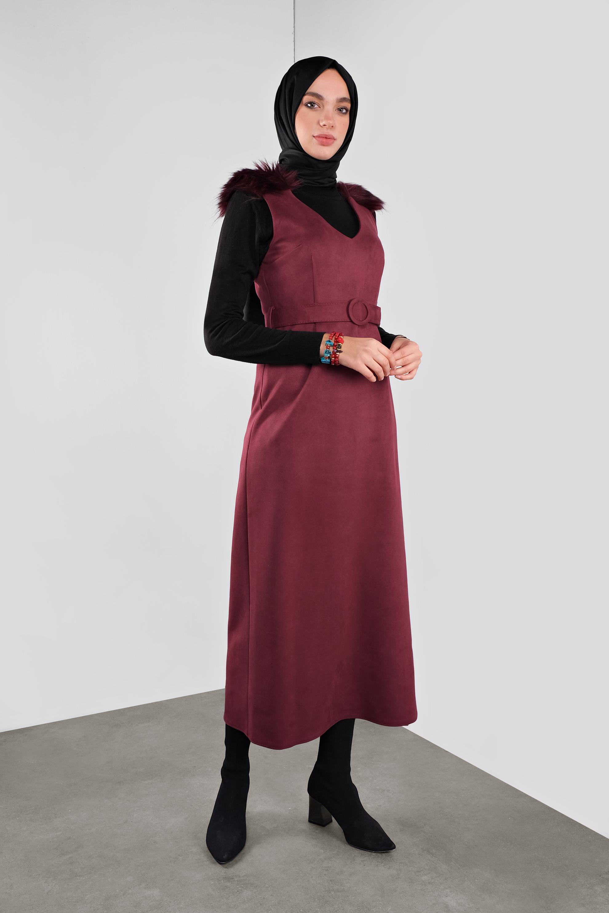 Tesettür giyim BORDO OMUZLARI KÜRK DETAYLI SÜET JİLE 41119 