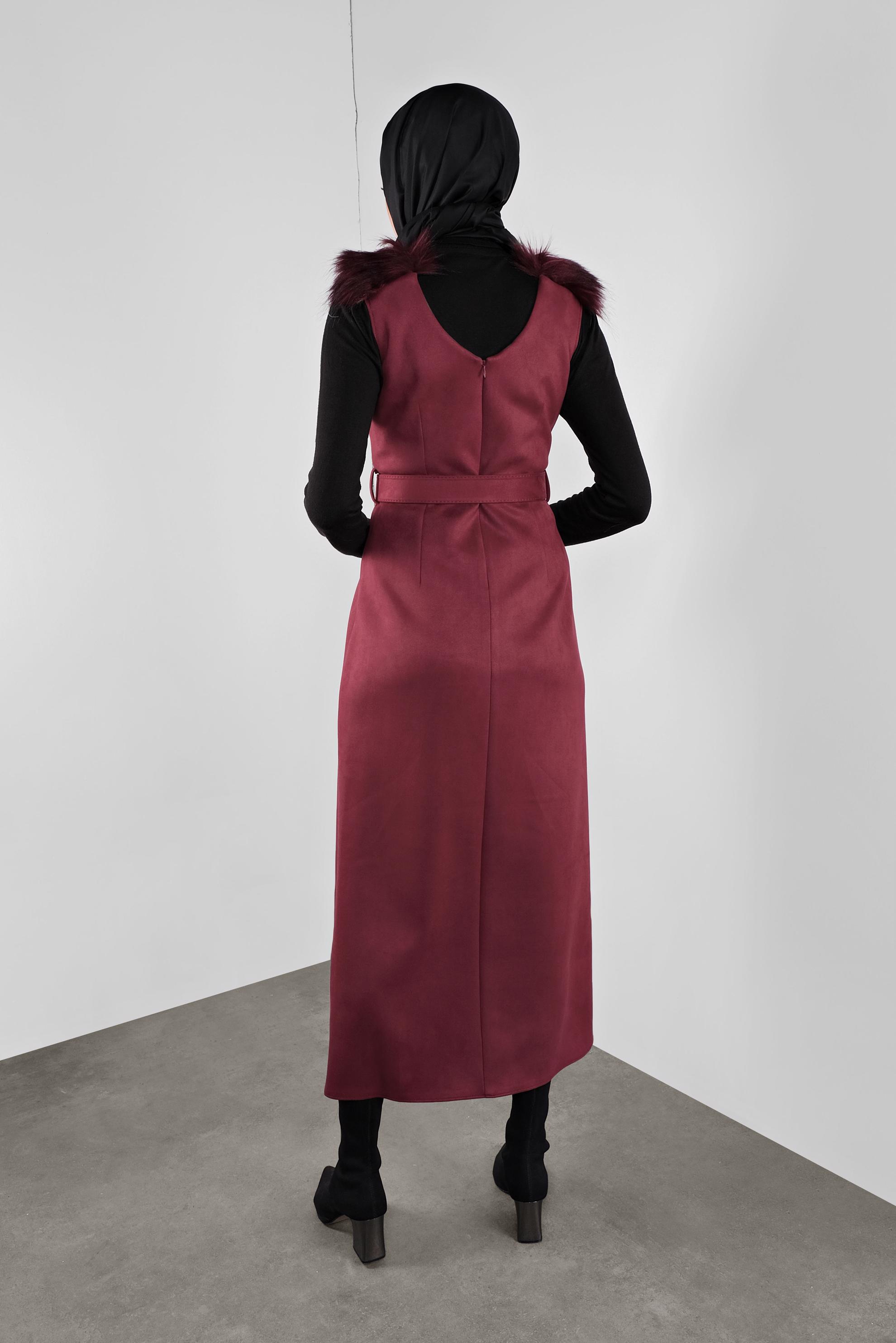 Tesettür giyim BORDO OMUZLARI KÜRK DETAYLI SÜET JİLE 41119 