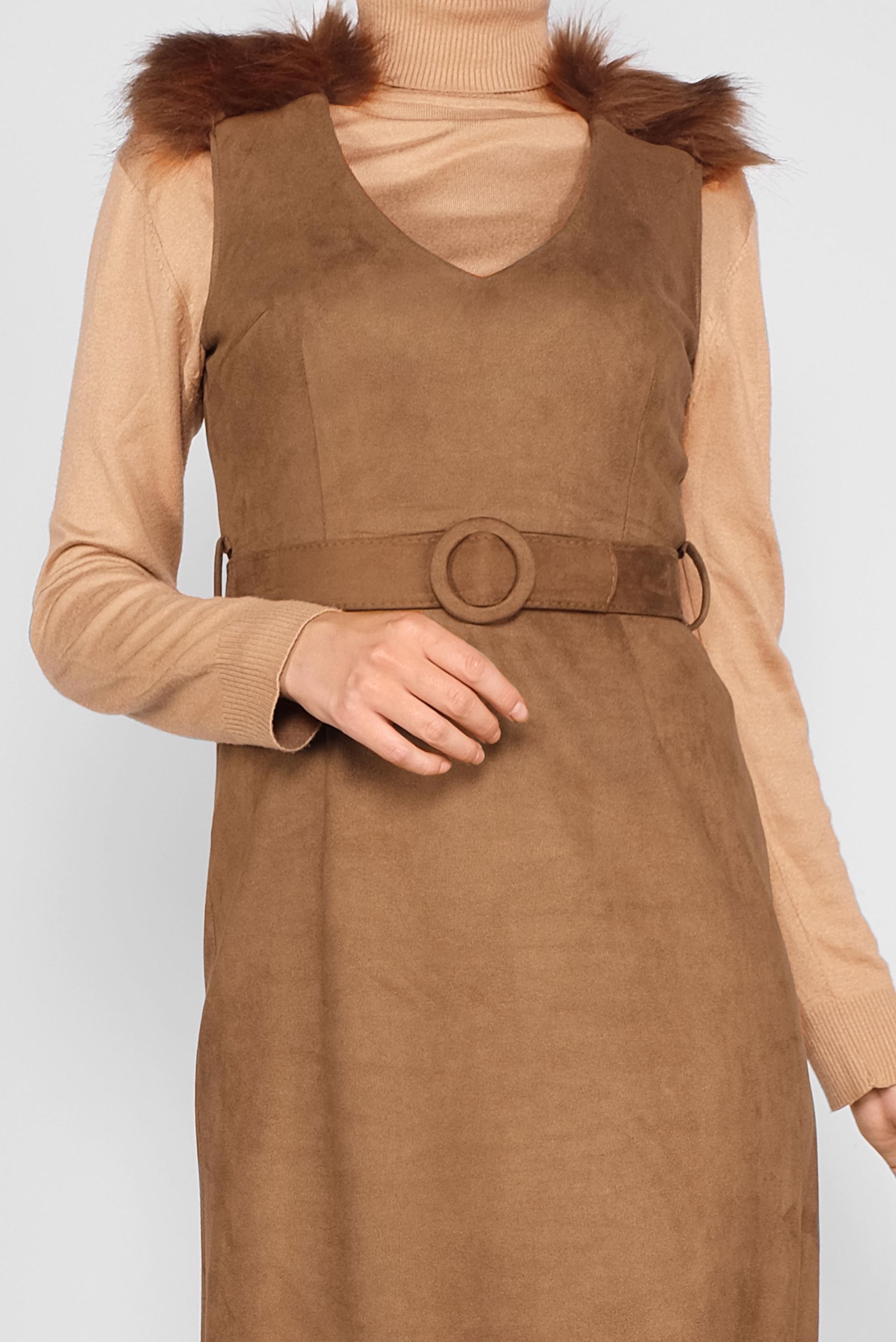 Tesettür giyim KAHVE OMUZLARI KÜRK DETAYLI SÜET JİLE 41119 