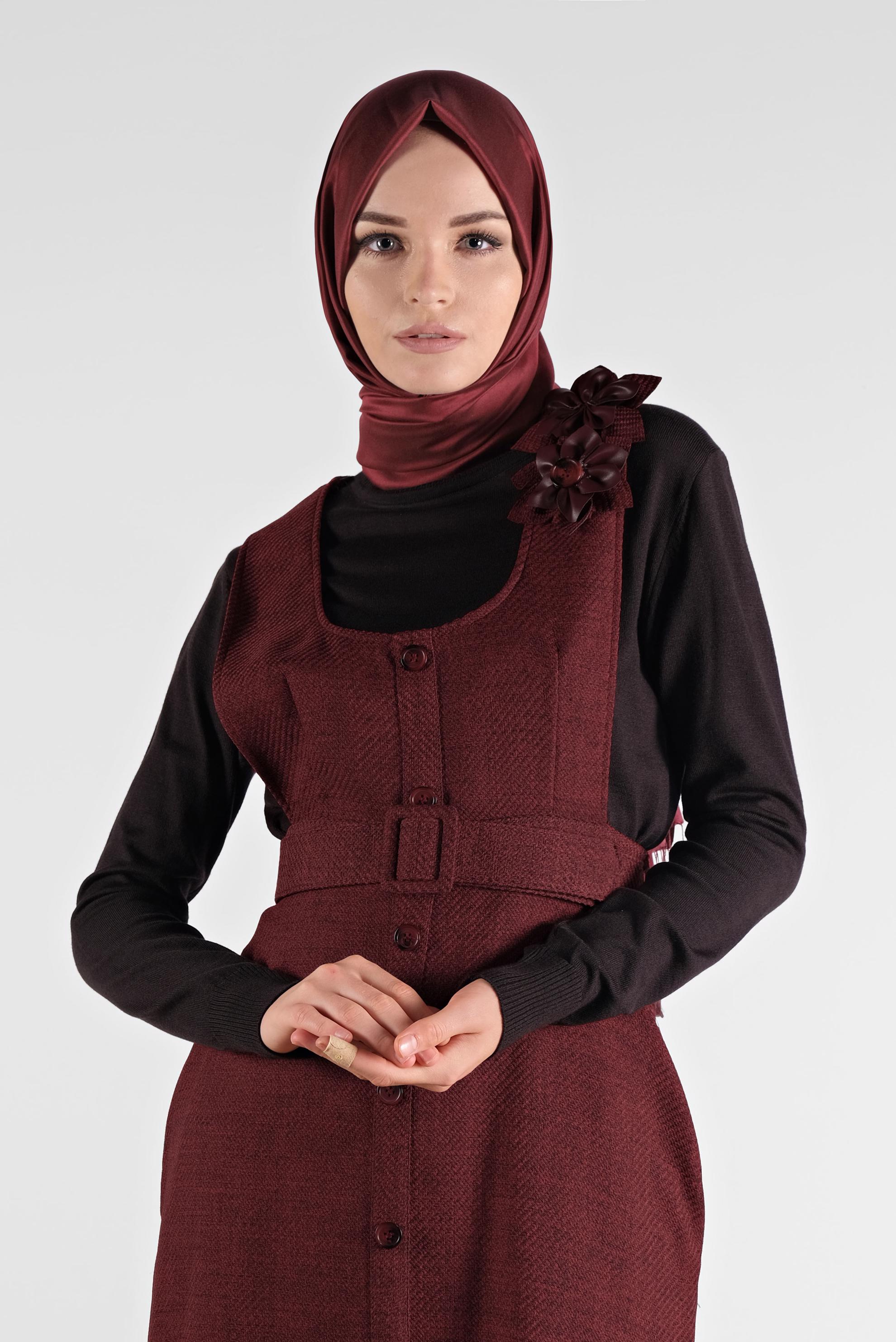 Tesettür giyim BORDO KEMERLİ DÜĞMELİ JİLE KADIN TESETTÜR 41144 