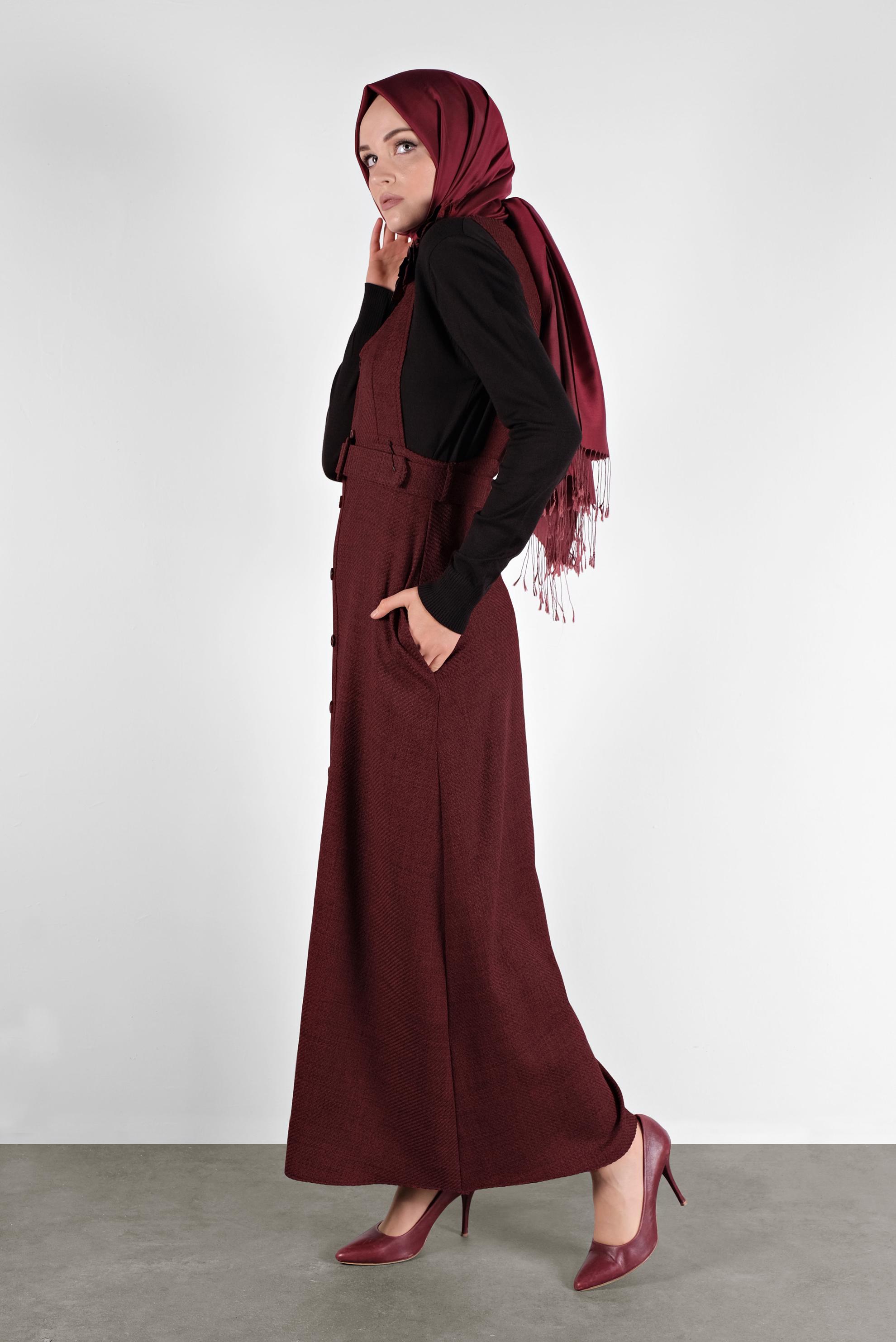 Tesettür giyim BORDO KEMERLİ DÜĞMELİ JİLE KADIN TESETTÜR 41144 