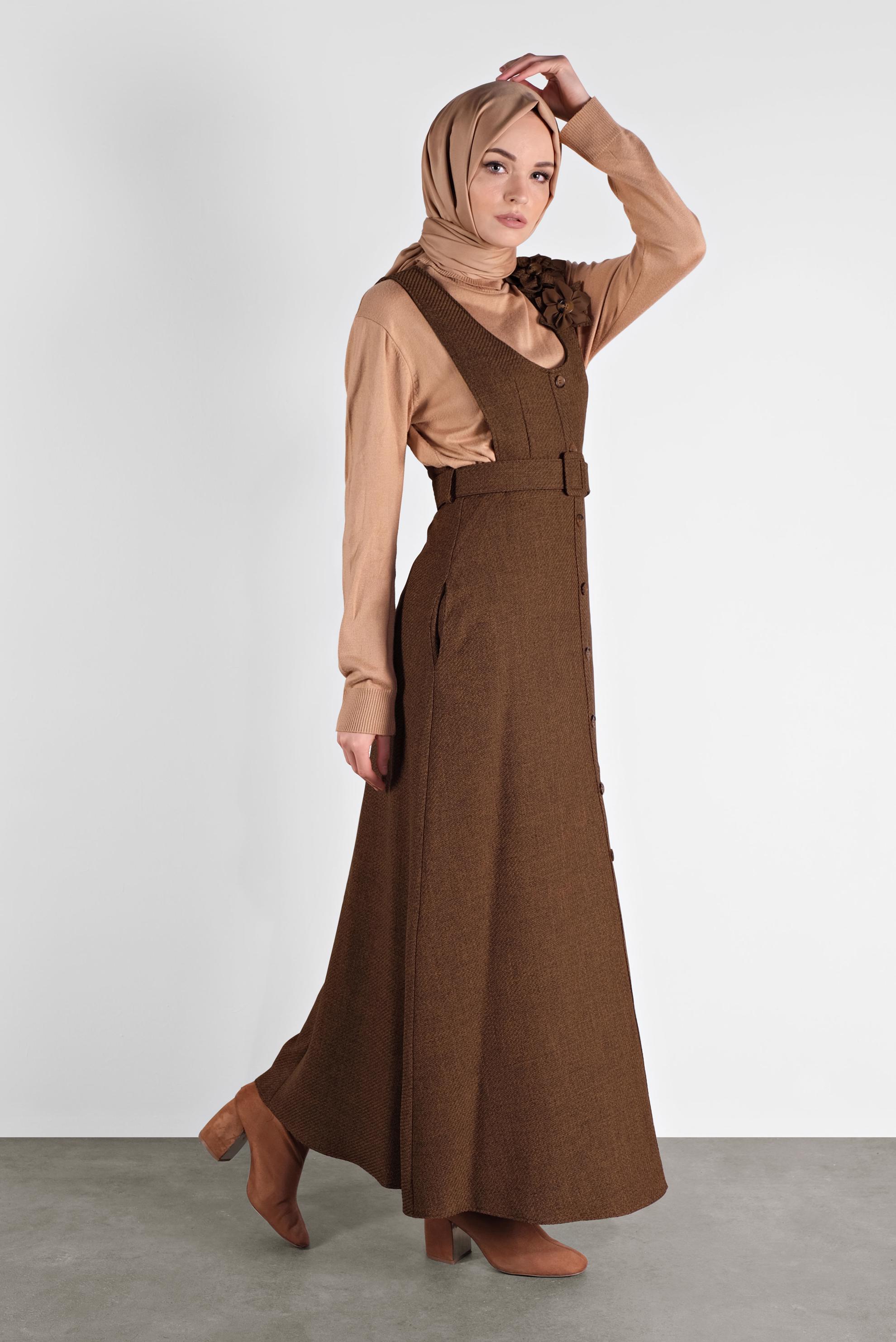 Tesettür giyim TABA KEMERLİ DÜĞMELİ JİLE KADIN TESETTÜR 41144 