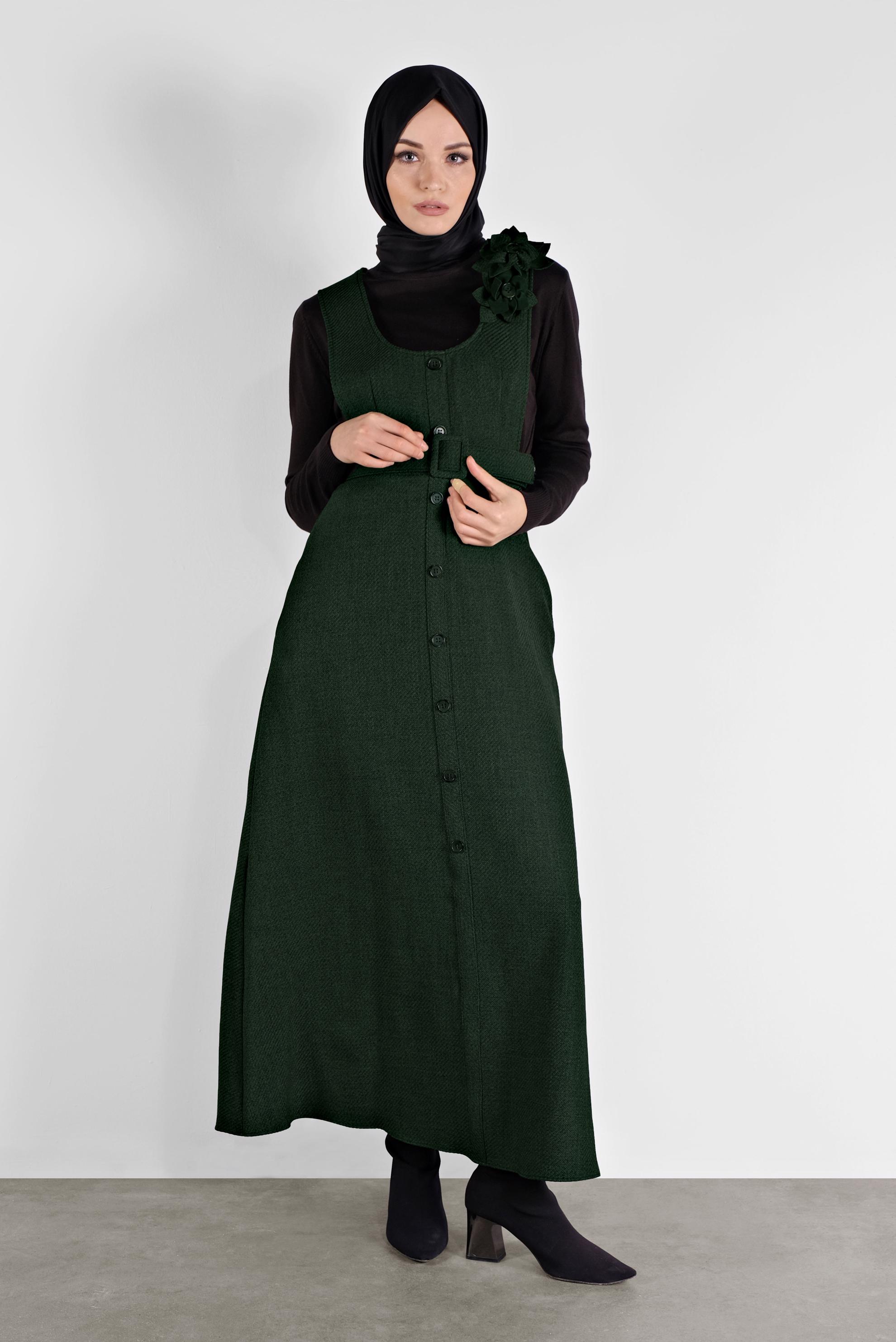 Tesettür giyim YEŞİL KEMERLİ DÜĞMELİ JİLE KADIN TESETTÜR 41144 