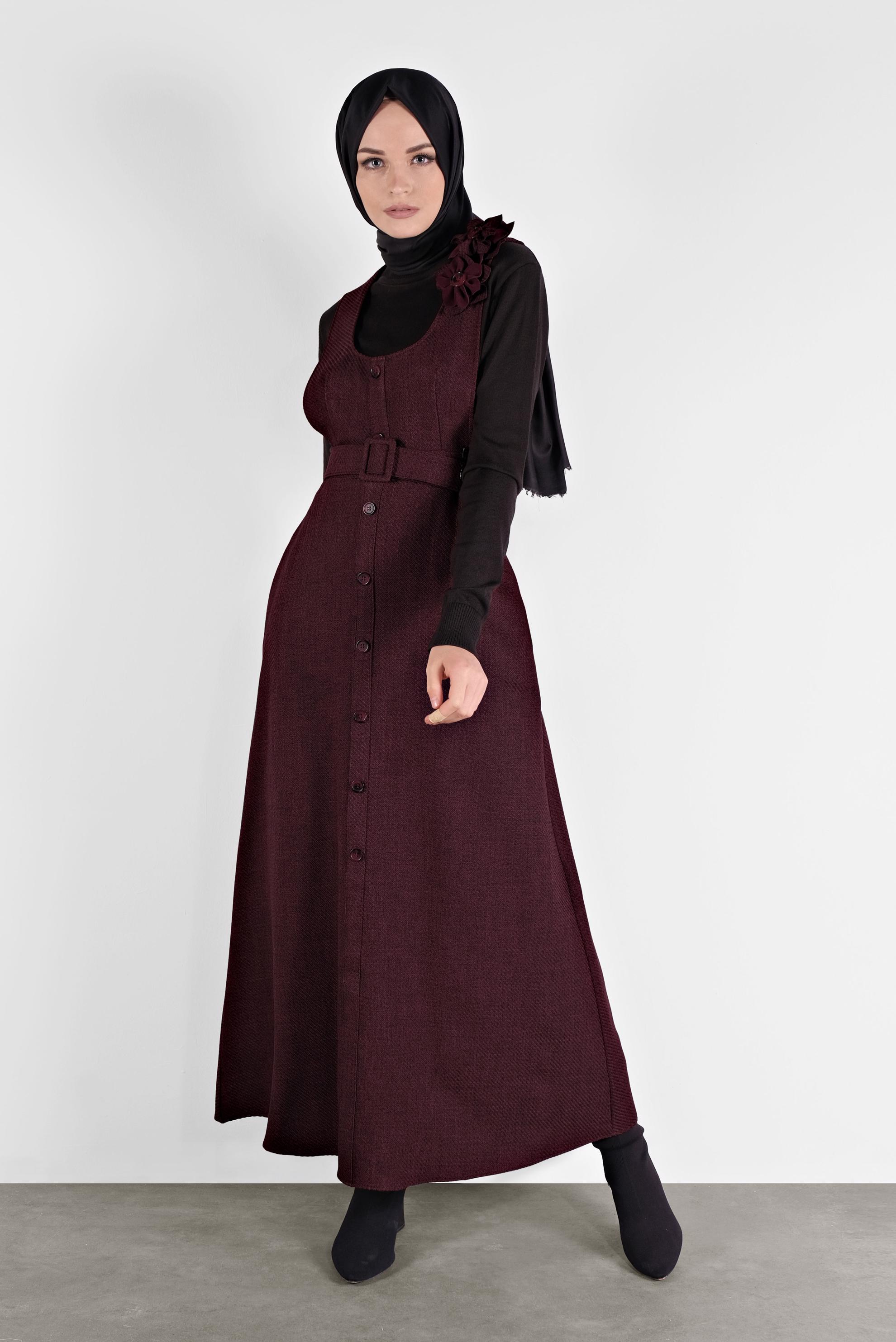 Tesettür giyim BORDO KEMERLİ DÜĞMELİ JİLE KADIN TESETTÜR 41144 