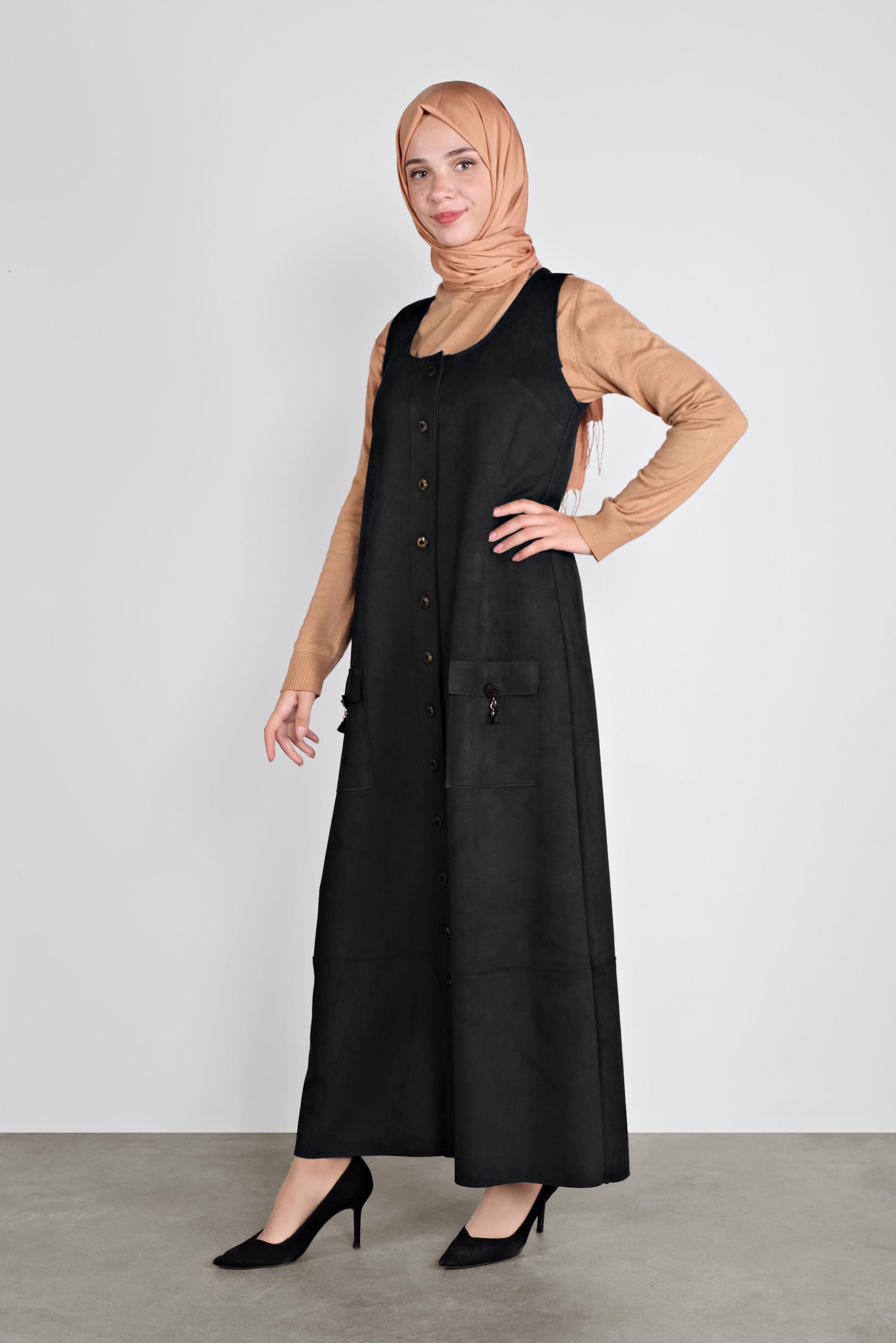 Tesettür giyim SİYAH DÜĞMELİ CEPLİ SÜET JİLE 41145