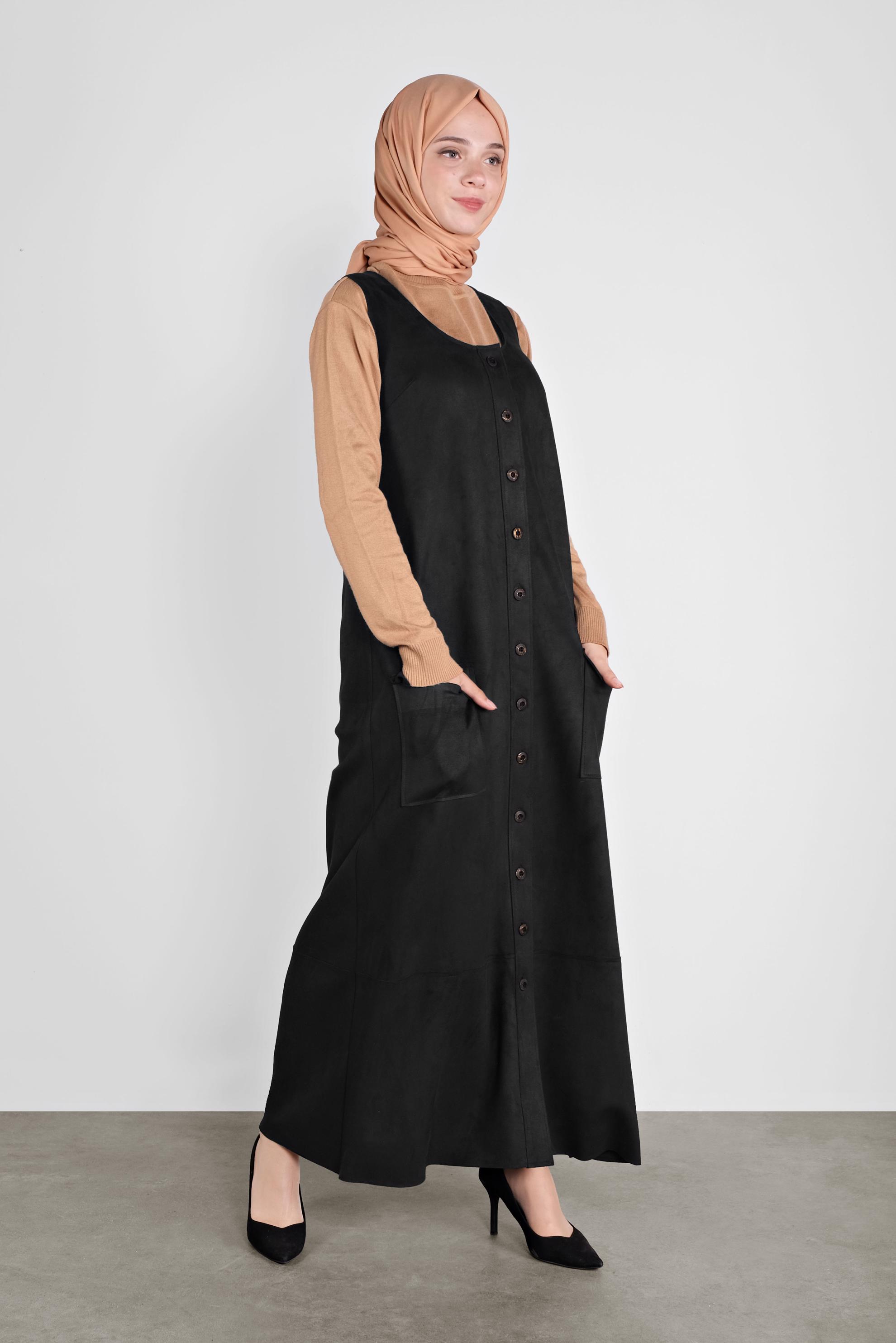 Tesettür giyim SİYAH DÜĞMELİ CEPLİ SÜET JİLE 41145