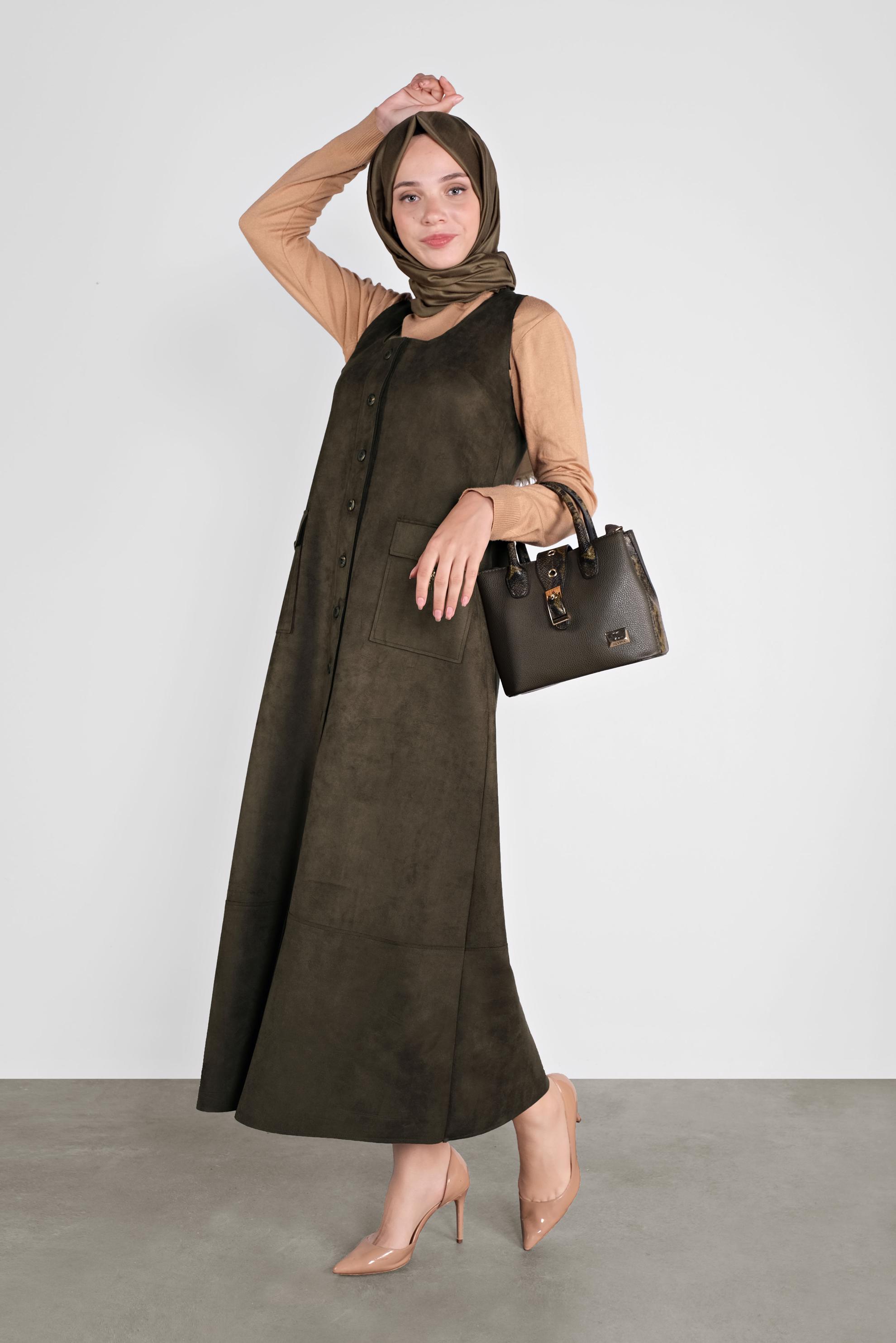 Tesettür giyim HAKİ DÜĞMELİ CEPLİ SÜET JİLE 41145