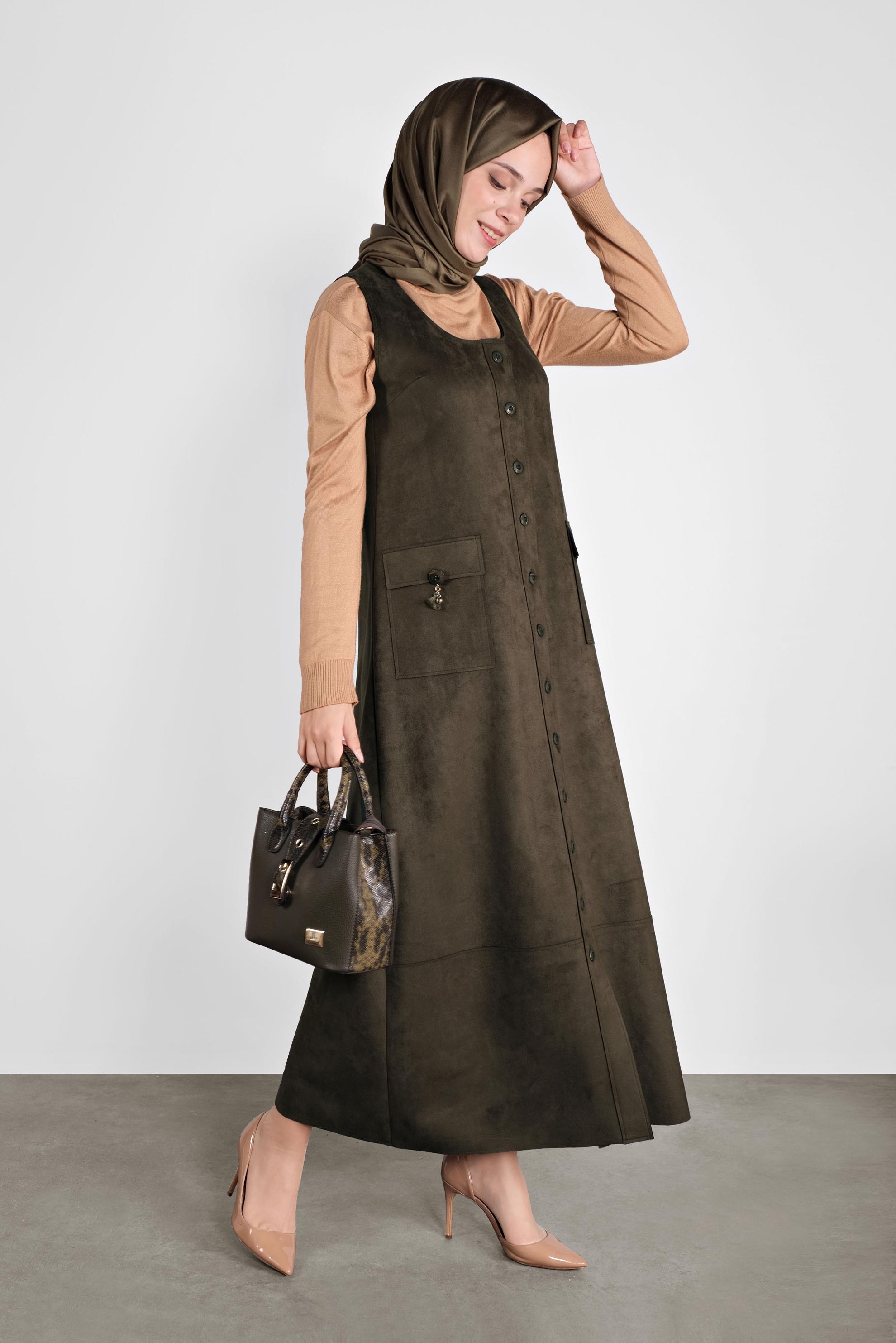 Tesettür giyim HAKİ DÜĞMELİ CEPLİ SÜET JİLE 41145