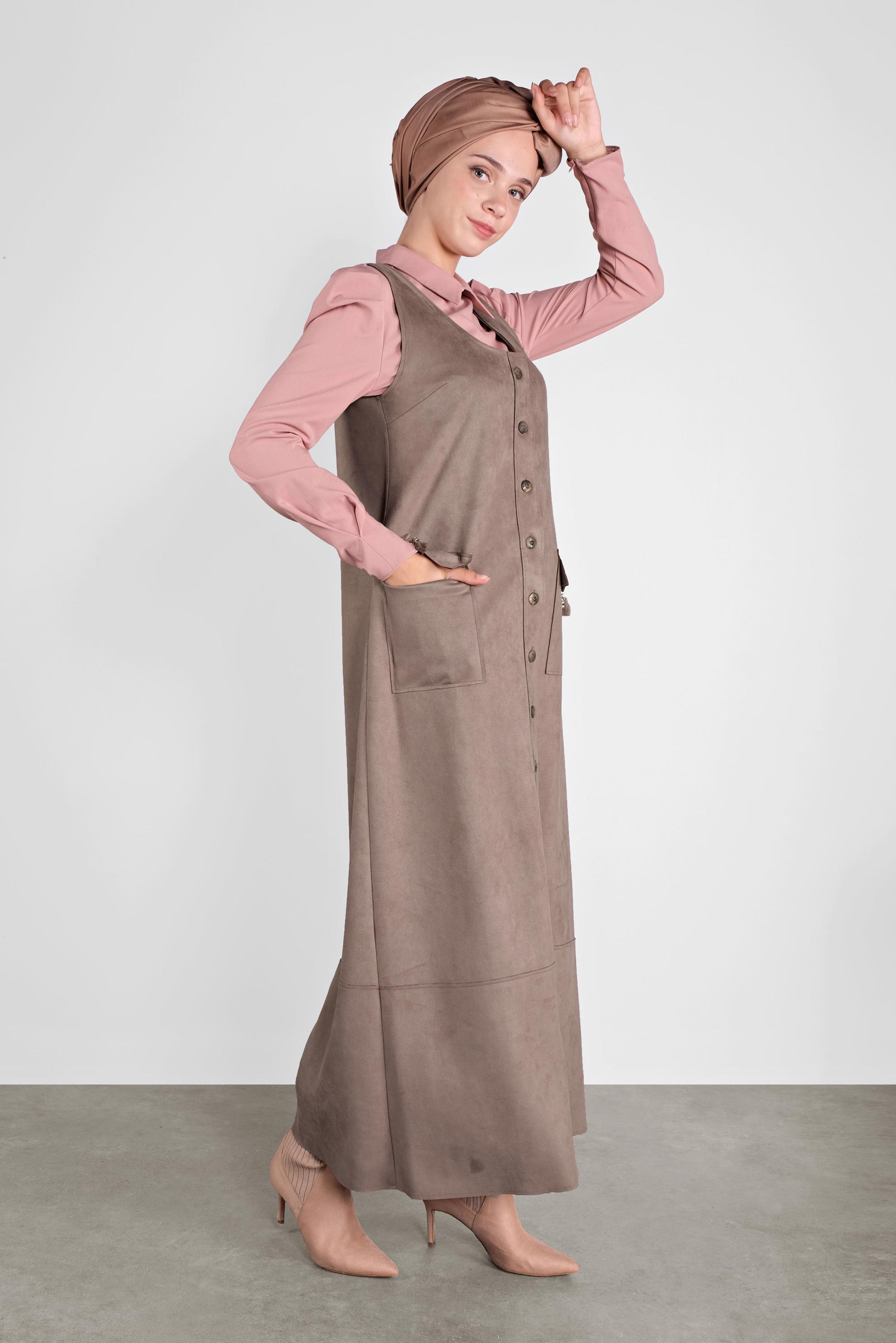 Tesettür giyim VİZON DÜĞMELİ CEPLİ SÜET JİLE 41145