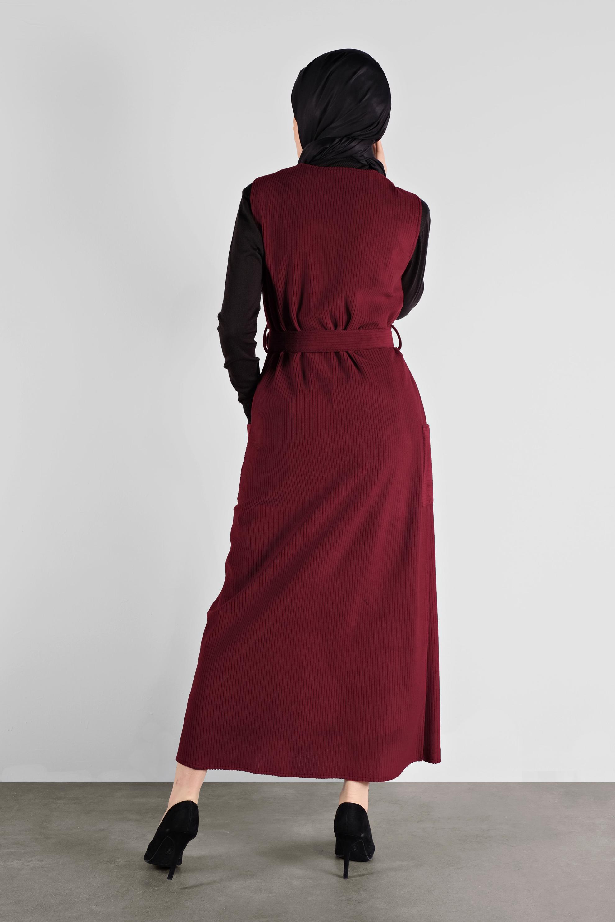 Tesettür giyim BORDO ÖNDEN DÜĞMELİ KADİFE JİLE 41146