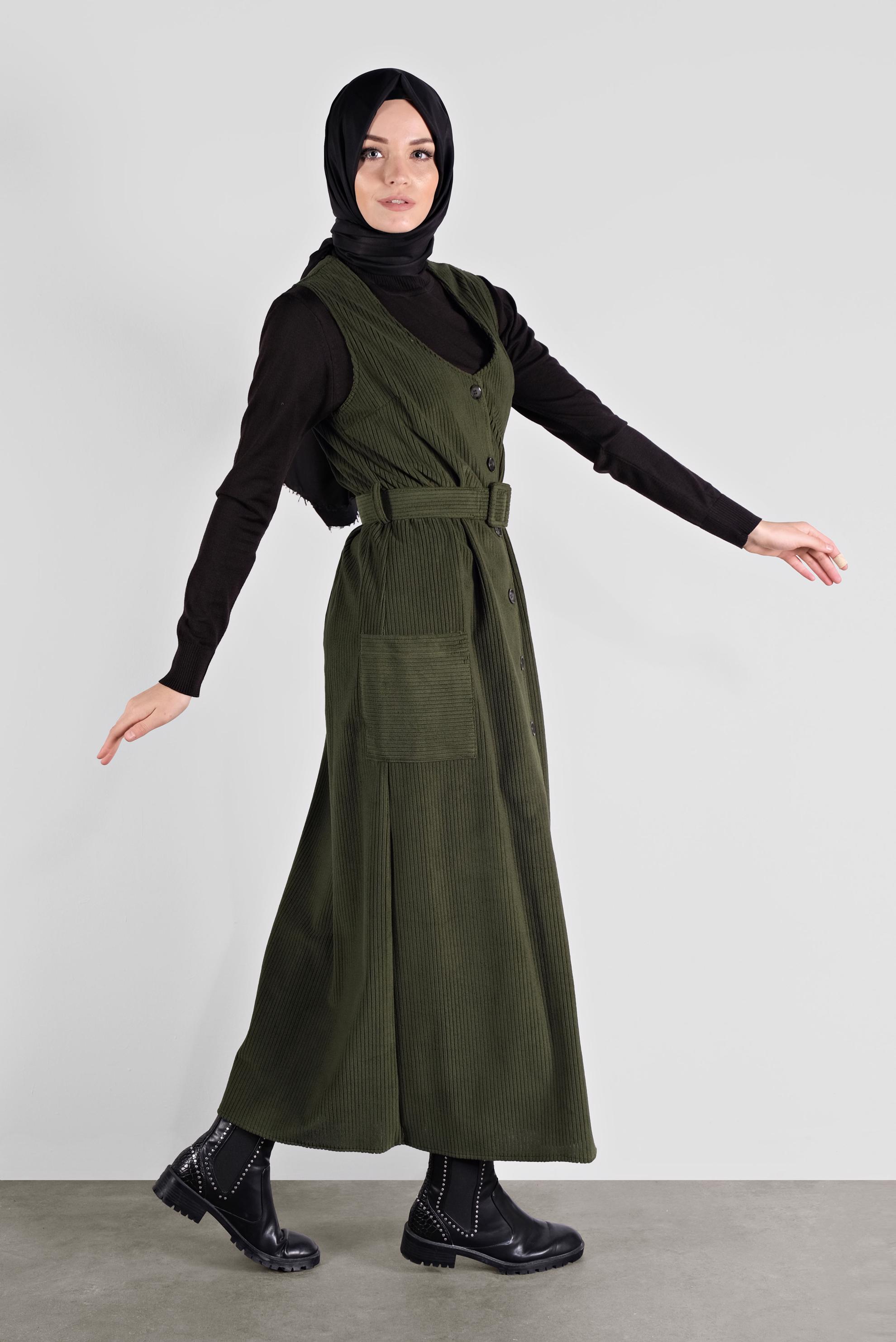 Tesettür giyim HAKİ ÖNDEN DÜĞMELİ KADİFE JİLE 41146
